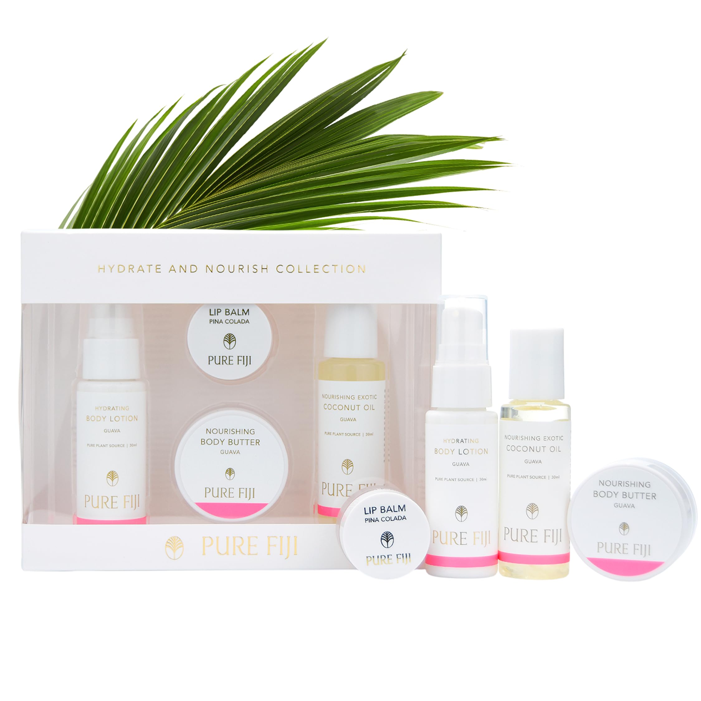 Pure Fiji Hydrate & Nourish Gift Set 4-in-1 (Guava) – Body Lotion, Body Butter, Exotic Coconut Oil & Lip Balm | Holiday Gift for Women