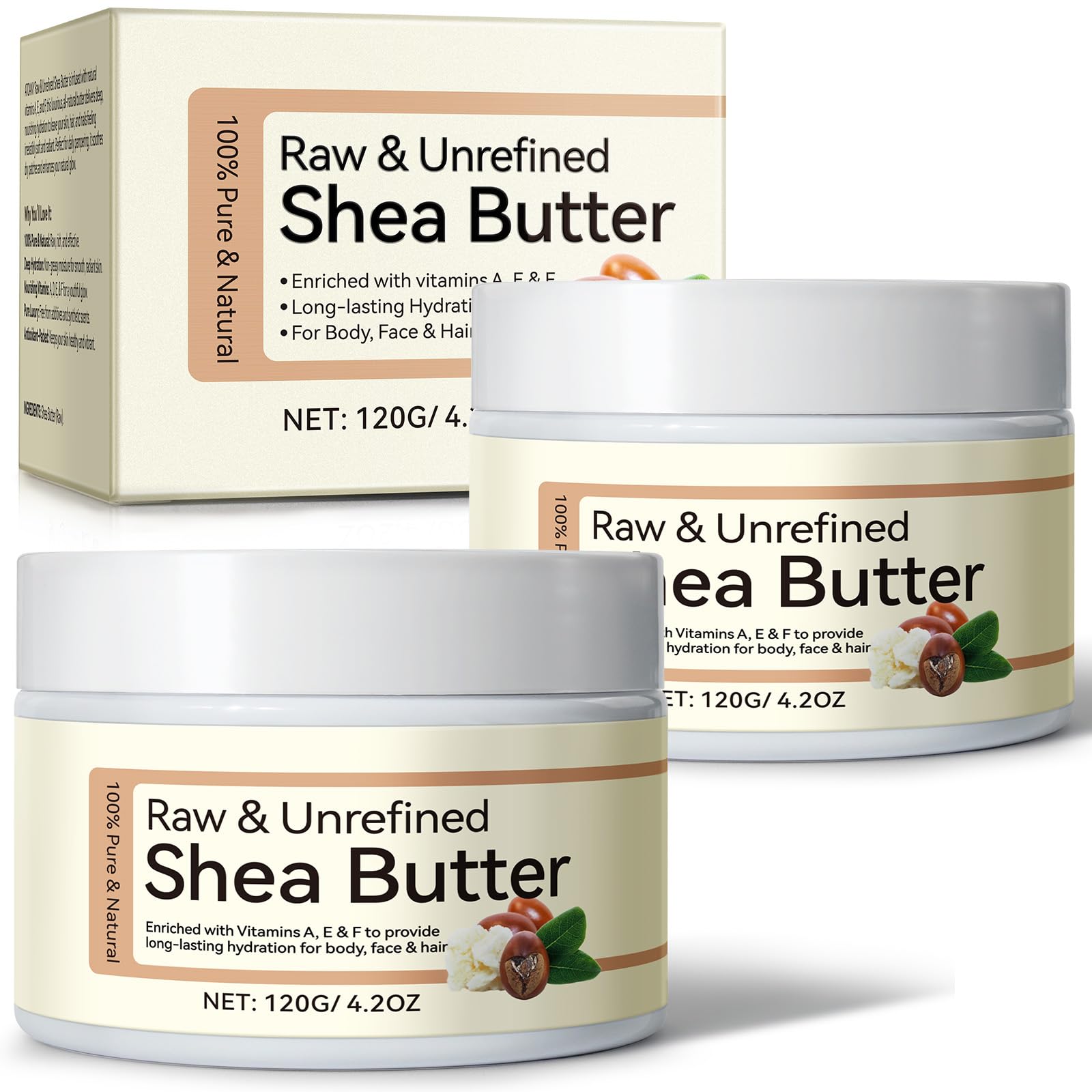 Pure Natura Raw Shea Butter 4.2oz Twin Pack – Unrefined, Vitamins A-D-E-F, Face & Body