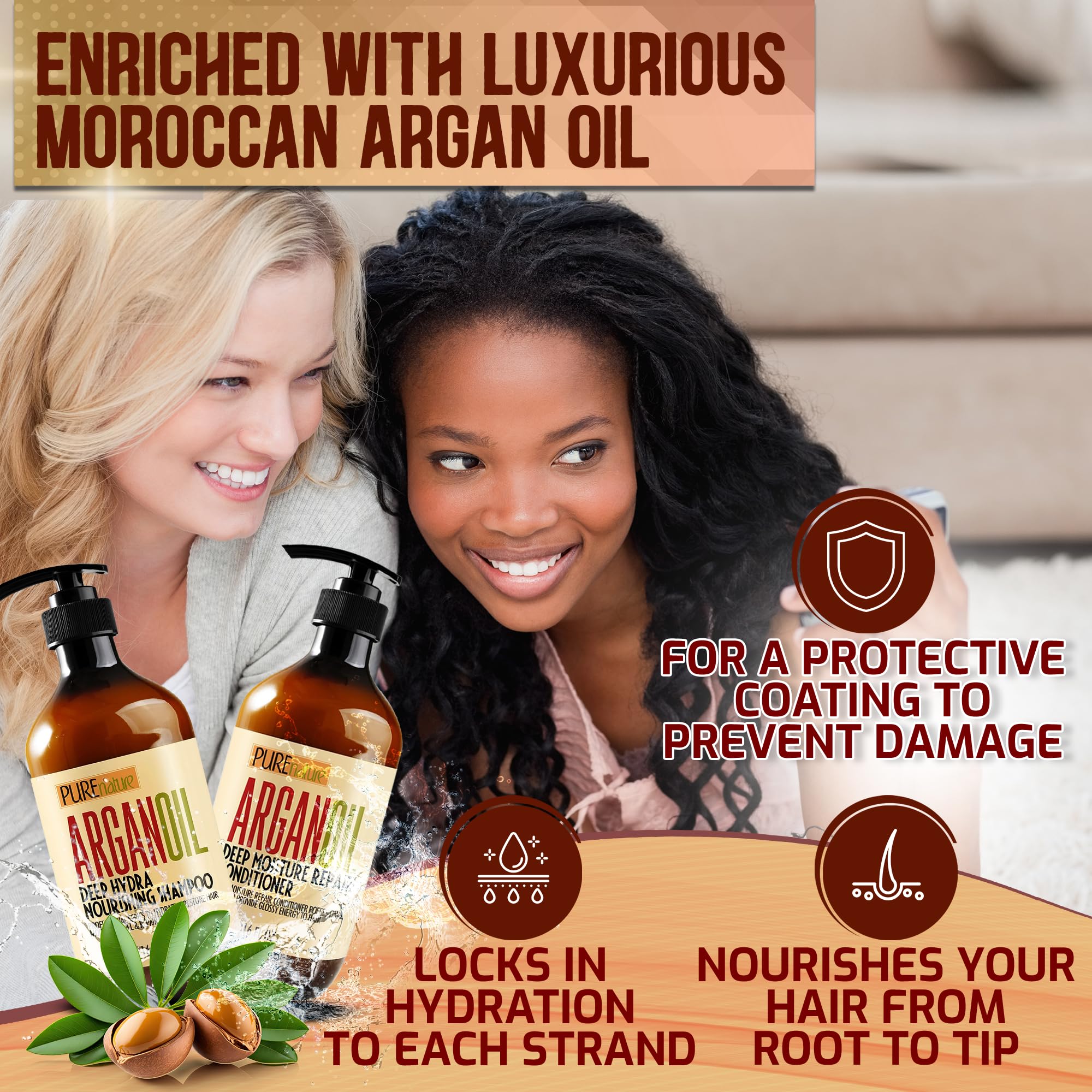 Pure Nature Lux Spa Argan Oil Shampoo & Conditioner Set — Sulfate Free with Keratin
