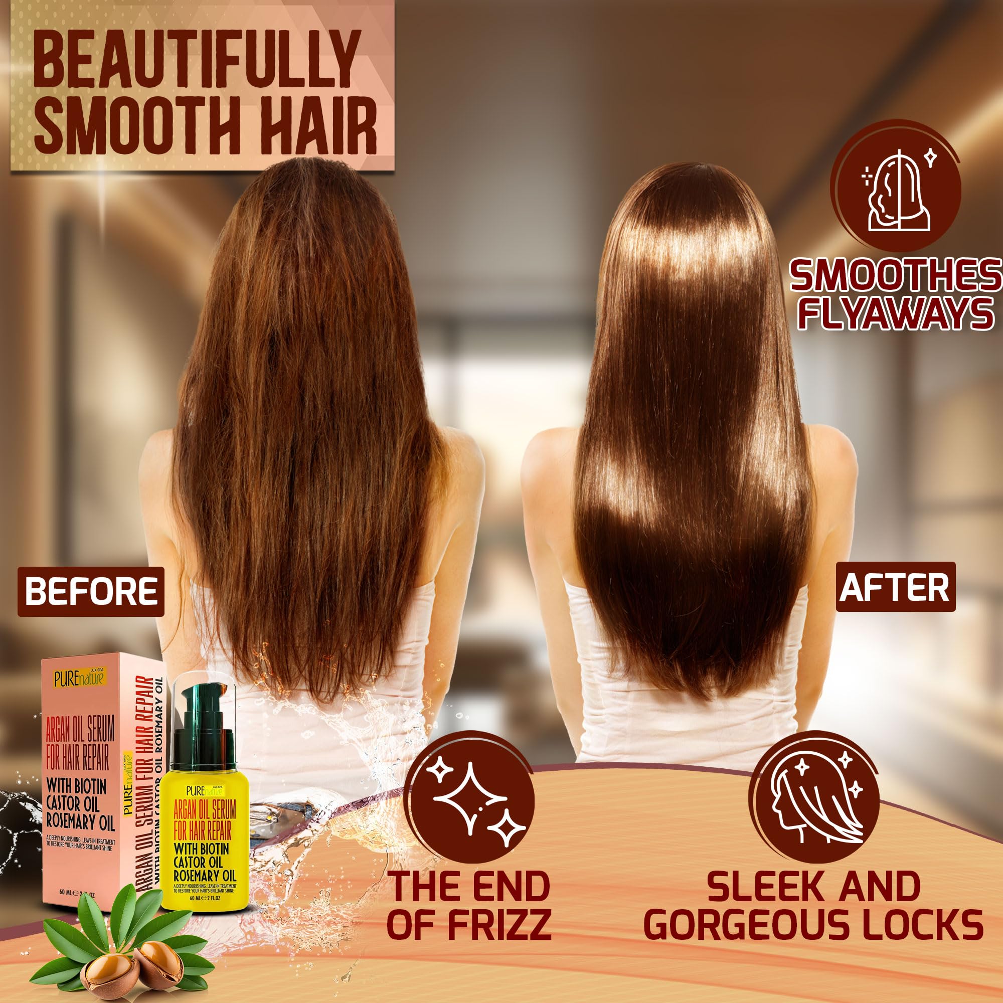 Pure Nature Lux Spa Moroccan Argan Oil Hair Serum – Heat Protectant & Anti-Frizz