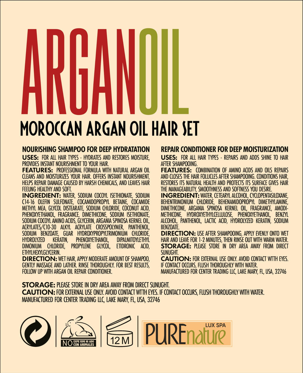 Pure Nature Lux Spa Argan Oil Shampoo & Conditioner Set — Sulfate Free with Keratin
