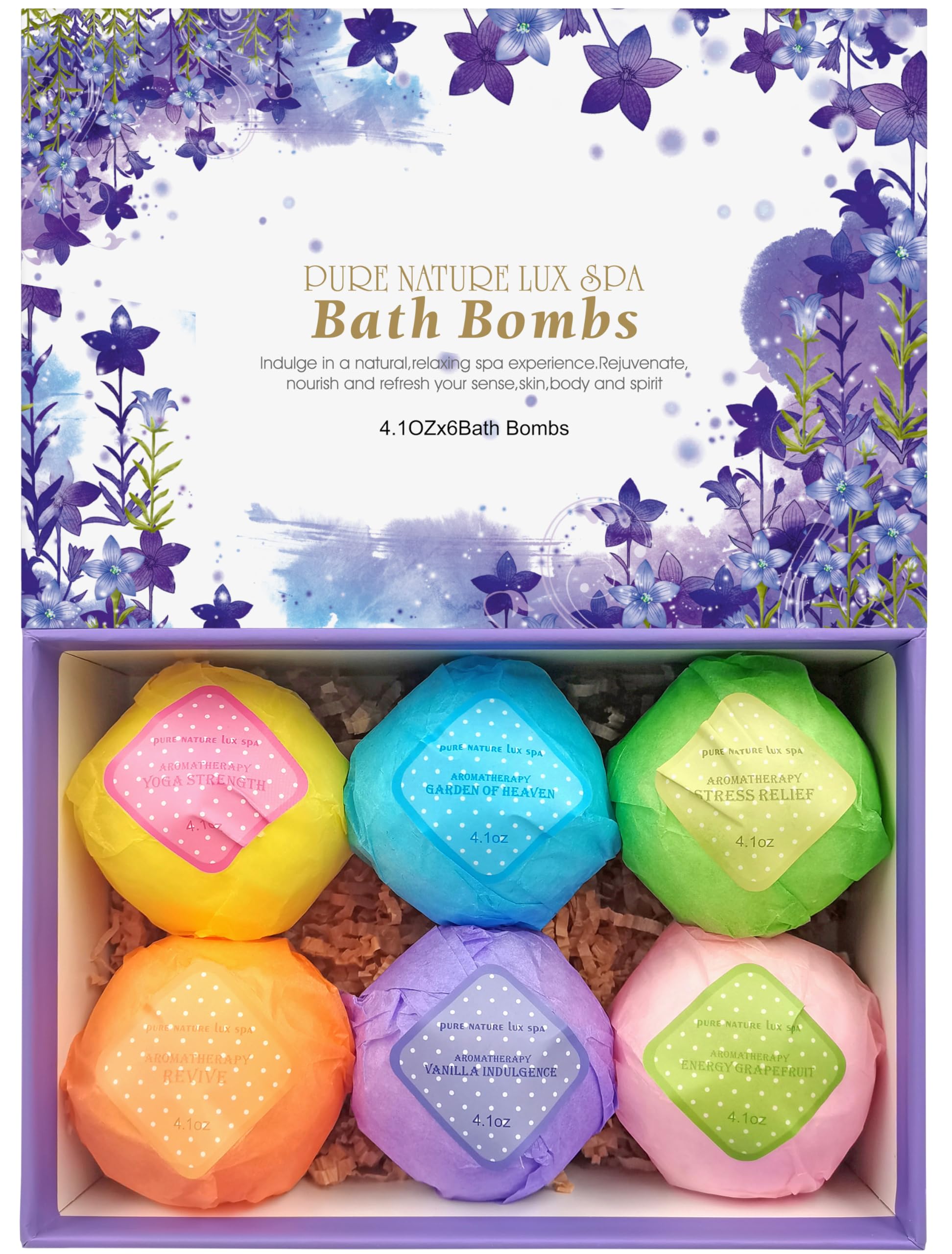 Pure Nature Lux Spa Bath Bombs Gift Set – Ultra Bubble XXL Fizzies (6 x 4.1 oz) with Dead Sea Salt, Cocoa & Shea