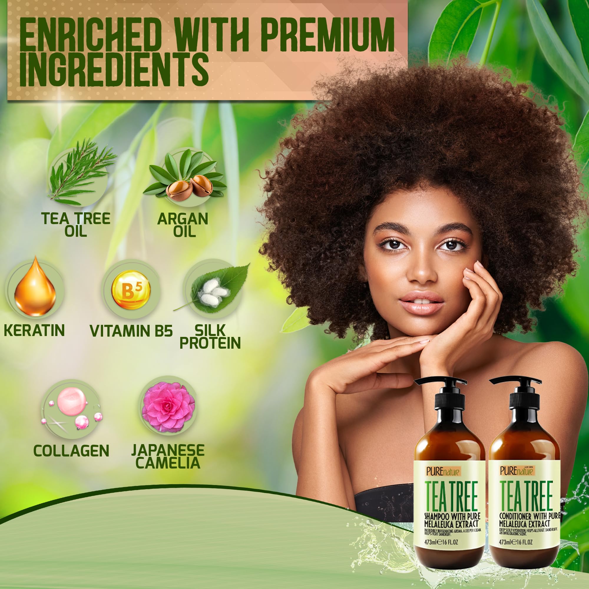 Pure Nature Lux Spa Tea Tree Oil Shampoo & Conditioner Set — Sulfate-Free Anti-Dandruff Care for Oily Hair
