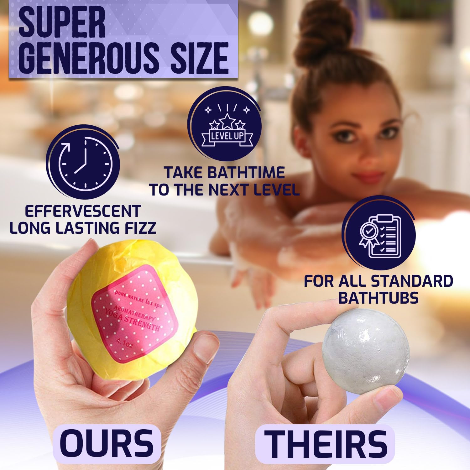 Pure Nature Lux Spa Bath Bombs Gift Set – Ultra Bubble XXL Fizzies (6 x 4.1 oz) with Dead Sea Salt, Cocoa & Shea