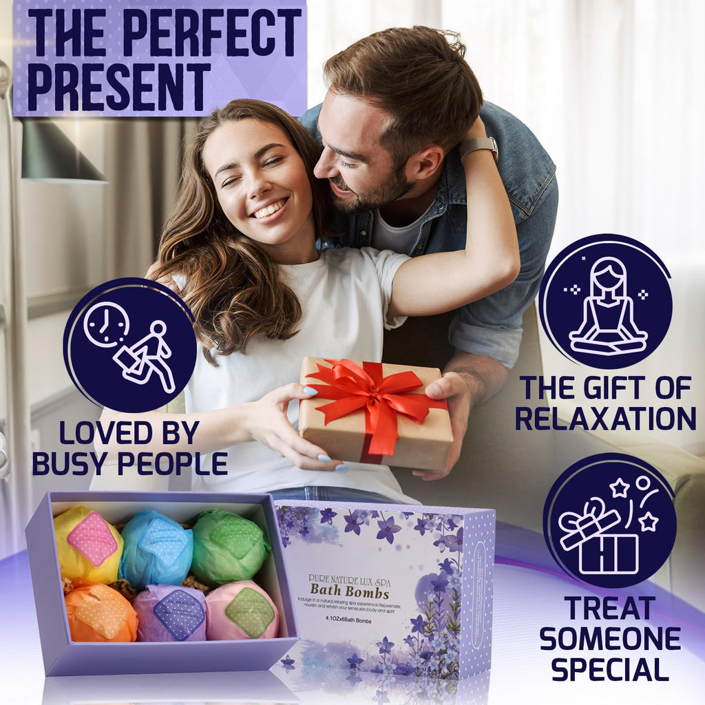 Pure Nature Lux Spa Bath Bombs Gift Set – Ultra Bubble XXL Fizzies (6 x 4.1 oz) with Dead Sea Salt, Cocoa & Shea