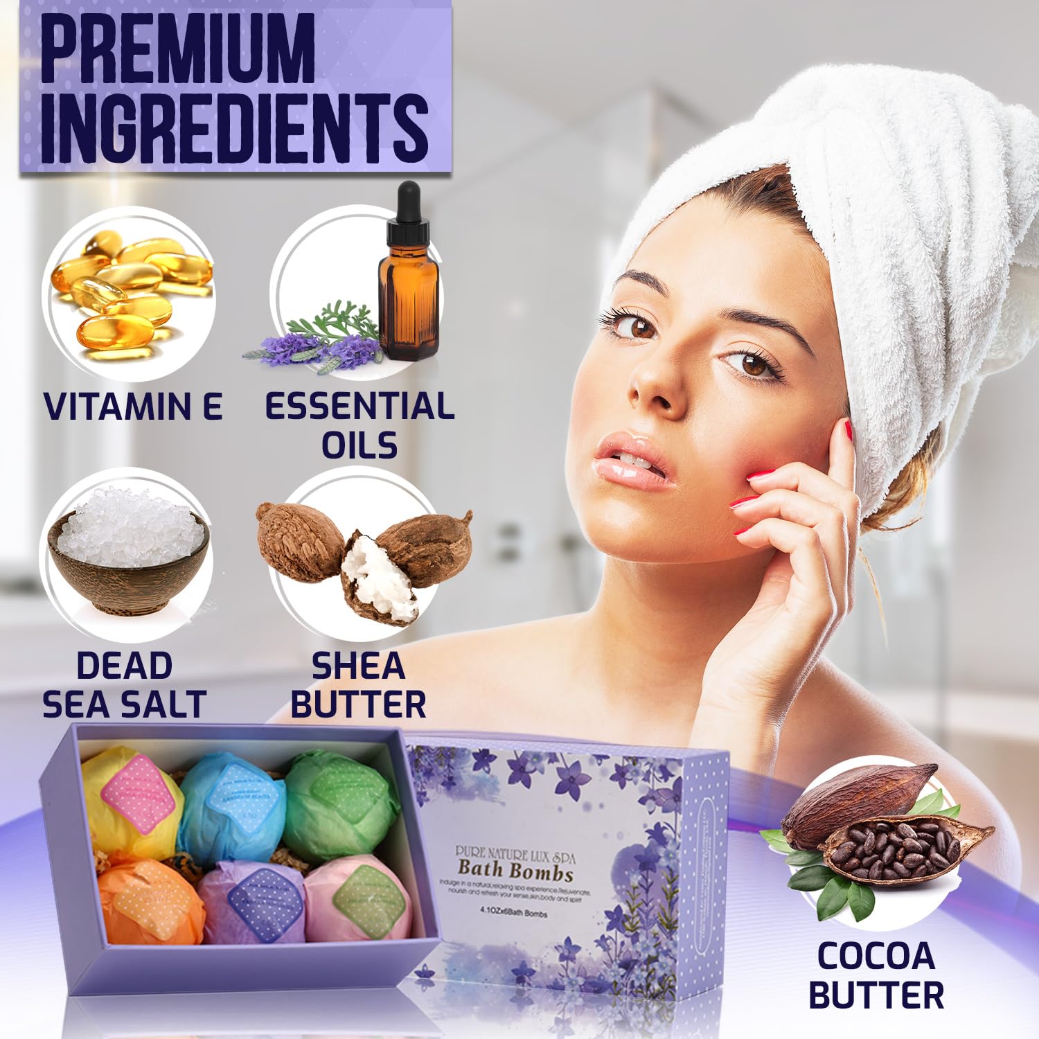 Pure Nature Lux Spa Bath Bombs Gift Set – Ultra Bubble XXL Fizzies (6 x 4.1 oz) with Dead Sea Salt, Cocoa & Shea