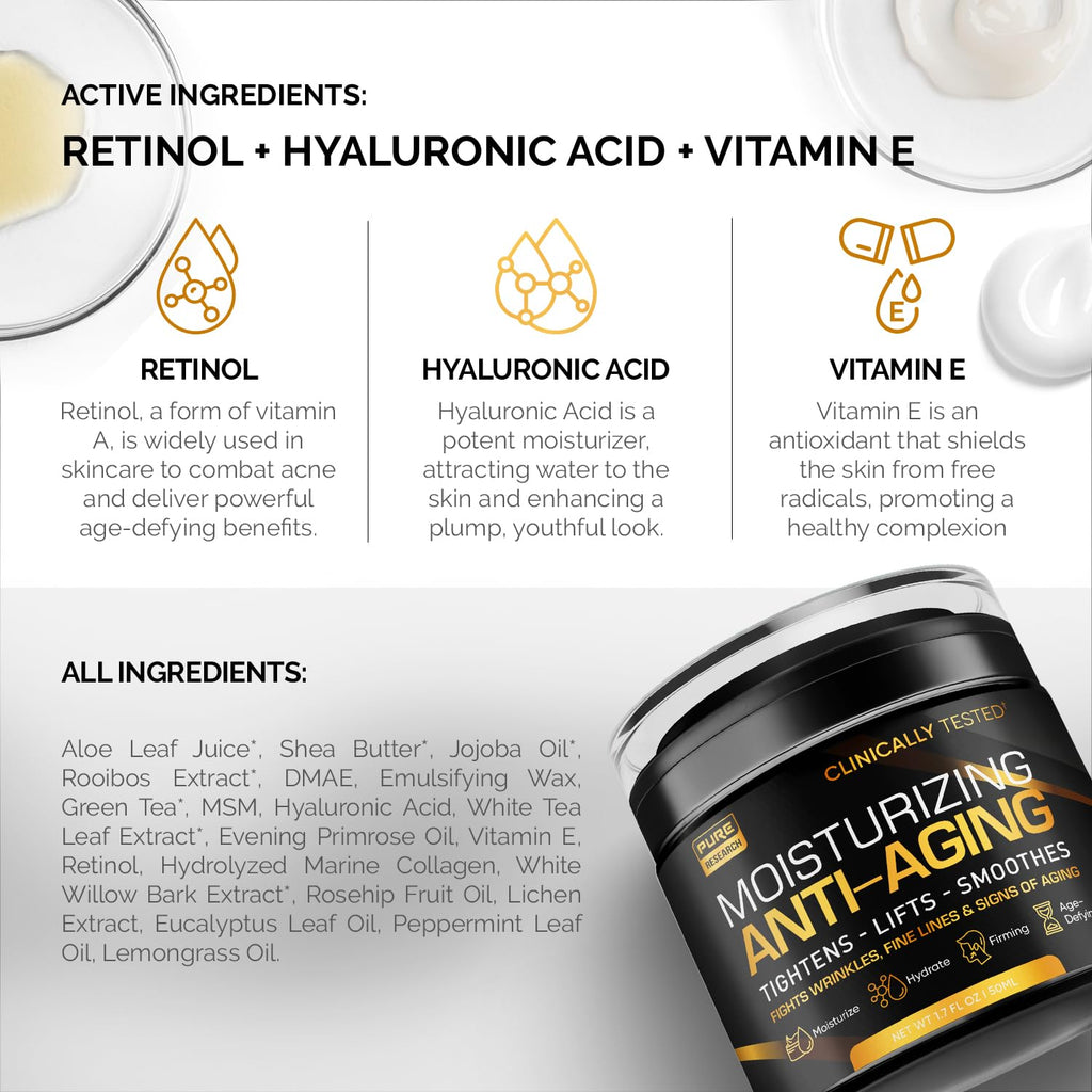 Pure Research Men's Face Cream Moisturizer – Anti-Aging with Hyaluronic Acid & Retinol