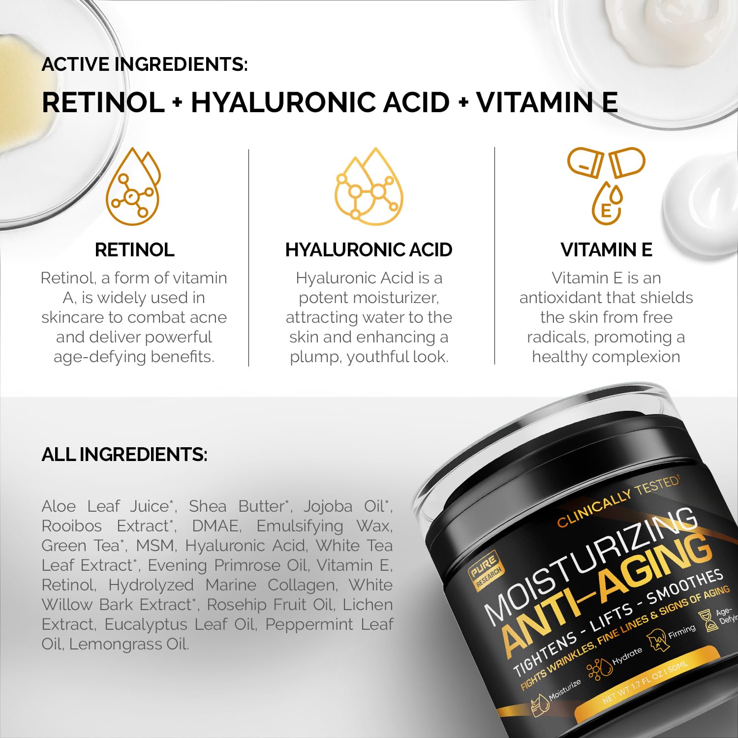 Pure Research Men's Face Cream Moisturizer – Anti-Aging with Hyaluronic Acid & Retinol