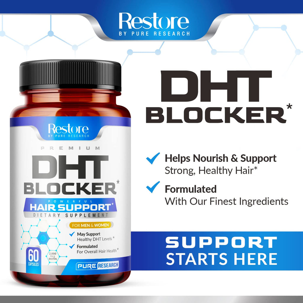 PURE RESEARCH DHT Blocker Hair Growth Support Supplement – Saw Palmetto + Hair Vitamins (60 Capsules)