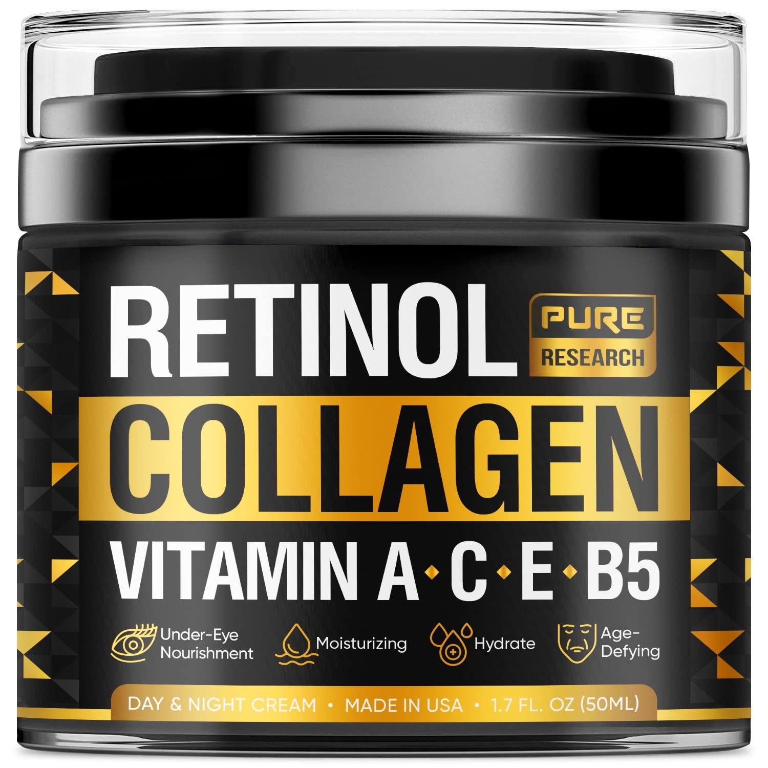 PURE RESEARCH Retinol Face Cream – Natural Anti-Wrinkle Moisturizer with Collagen & Hyaluronic Acid | 1.7oz