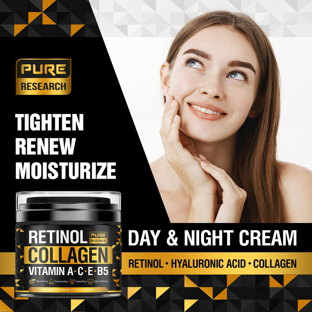 PURE RESEARCH Retinol Face Cream – Natural Anti-Wrinkle Moisturizer with Collagen & Hyaluronic Acid | 1.7oz