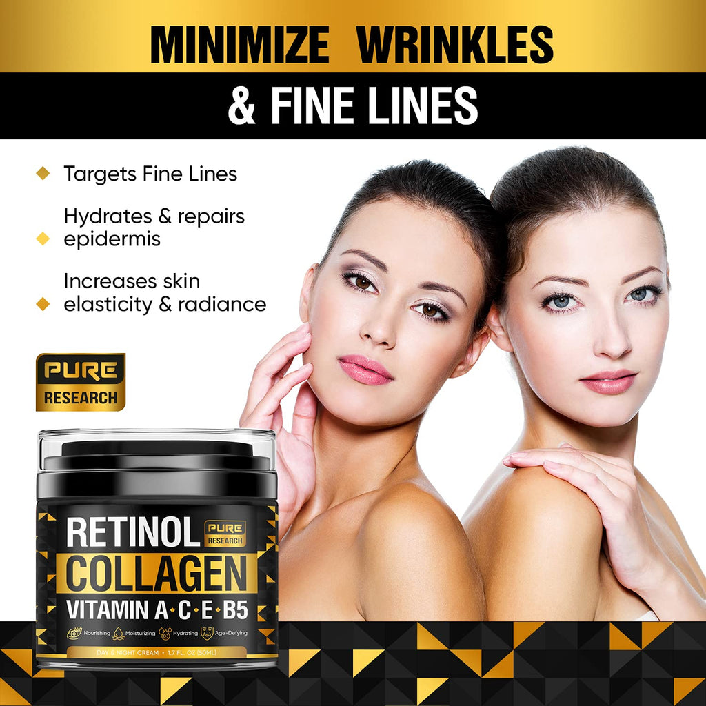 PURE RESEARCH Retinol Face Cream – Natural Anti-Wrinkle Moisturizer with Collagen & Hyaluronic Acid | 1.7oz