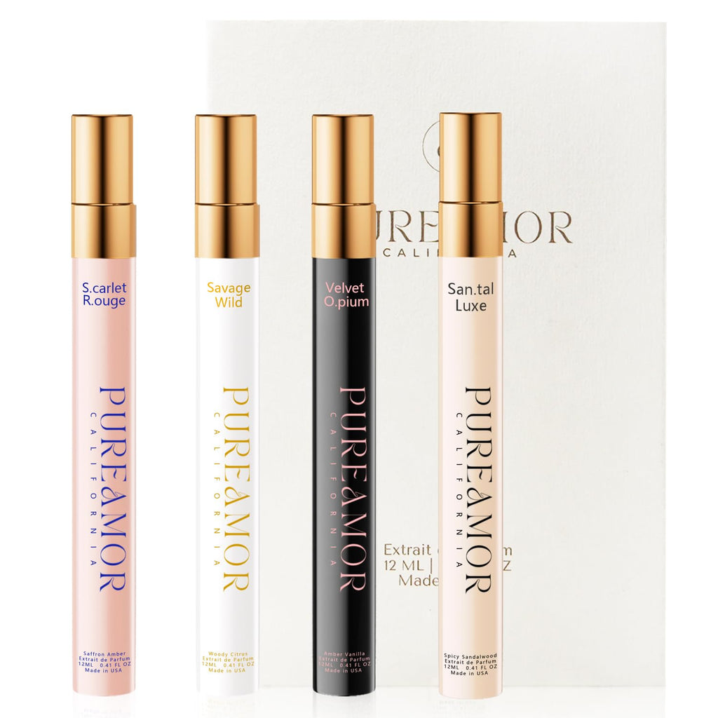 PUREAMOR Pheromones Perfumes for Women — 4-Pack with Amber Vanilla, Saffron Amber, Woody Citrus, Spicy Sandalwood (1.64 fl oz total)