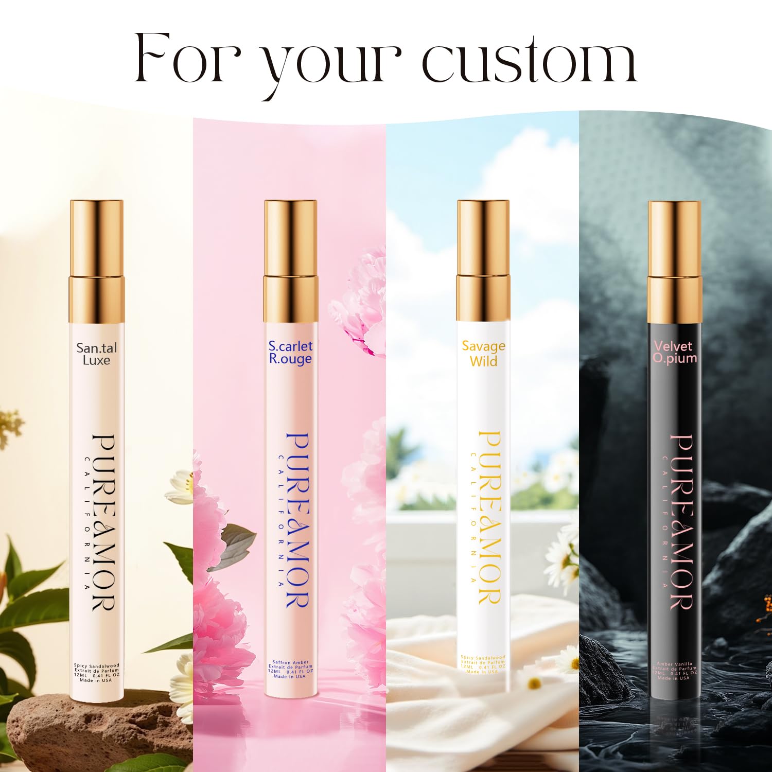 PUREAMOR Pheromones Perfumes for Women — 4-Pack with Amber Vanilla, Saffron Amber, Woody Citrus, Spicy Sandalwood (1.64 fl oz total)