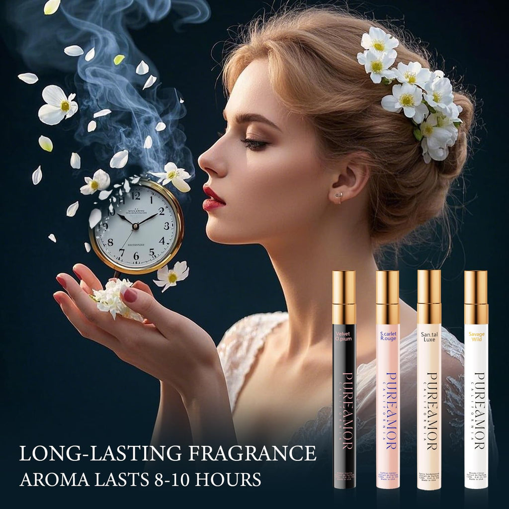 PUREAMOR Pheromones Perfumes for Women — 4-Pack with Amber Vanilla, Saffron Amber, Woody Citrus, Spicy Sandalwood (1.64 fl oz total)