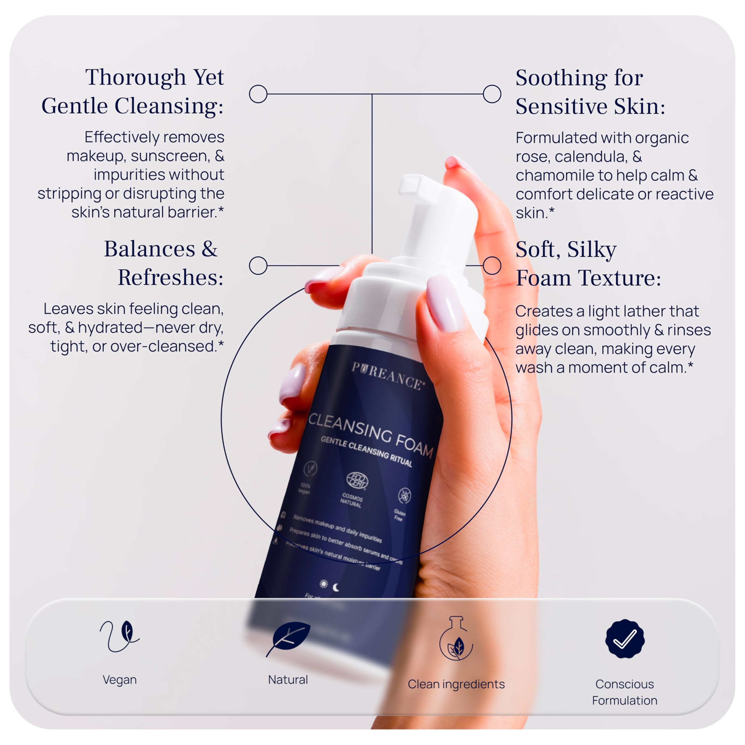 PUREANCE Cleansing Foam – Gentle Foaming Face Wash for Sensitive Skin with Calendula, Chamomile, Lactic Acid | 5.07 fl oz