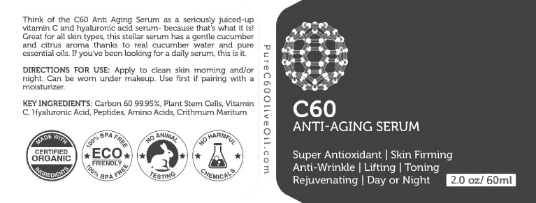 PureC60OliveOil C60 Anti-Aging Face Serum 60ml – Hyaluronic Acid, Plant Stem Cells & Peptides
