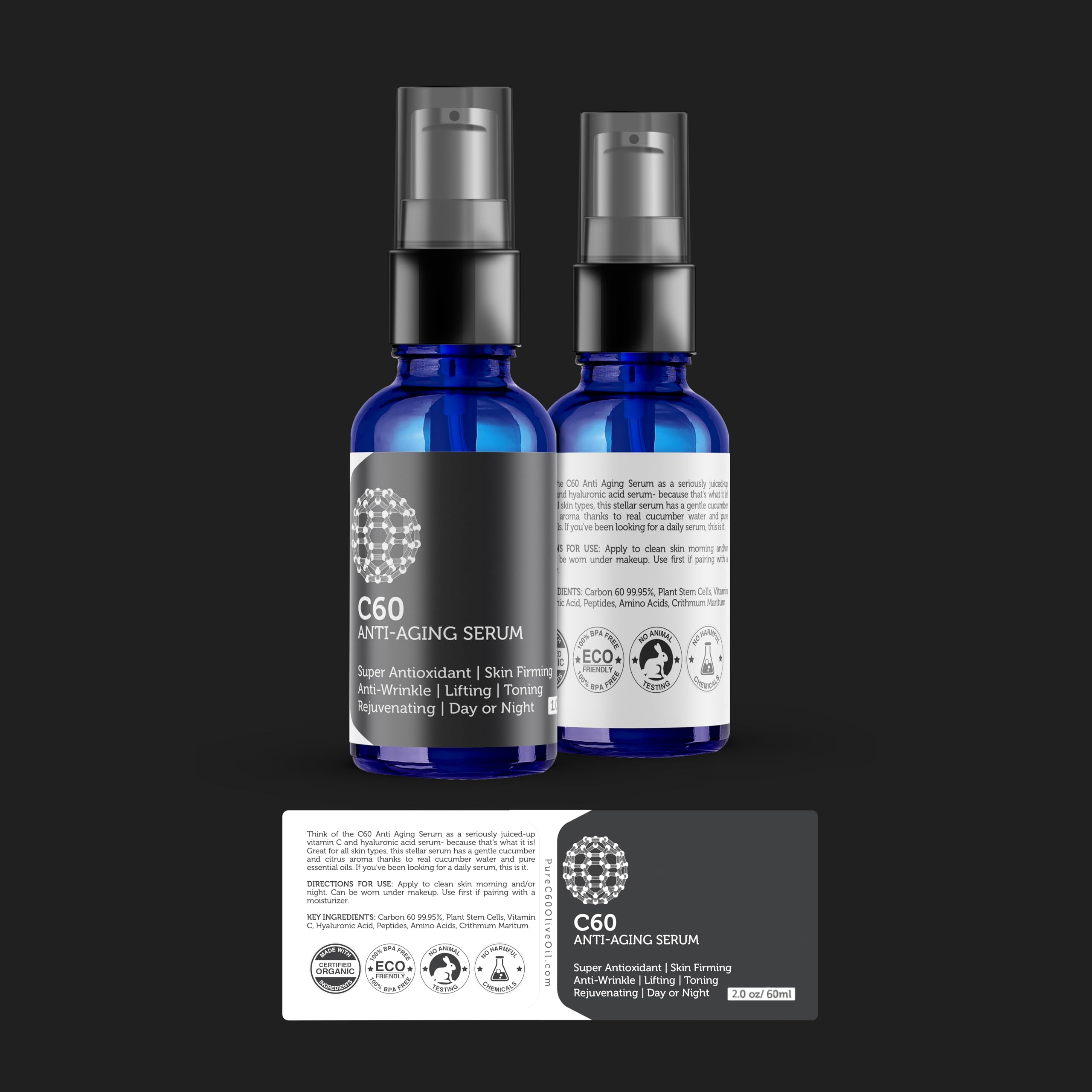 PureC60OliveOil C60 Anti-Aging Face Serum 60ml – Hyaluronic Acid, Plant Stem Cells & Peptides