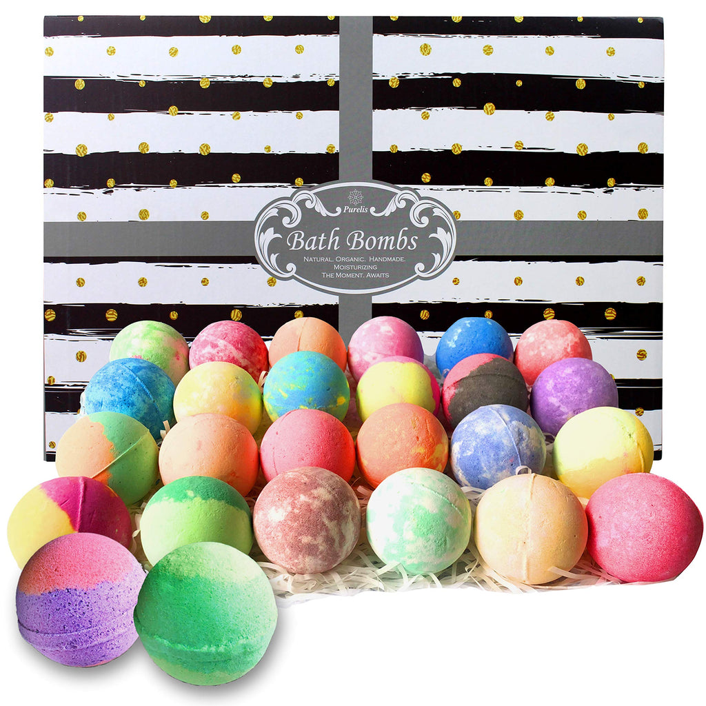 Purelis Bath Bombs Gift Set – 24 Luxury Organic Bath Bombs, Individually Wrapped | Gifts for Him and Her