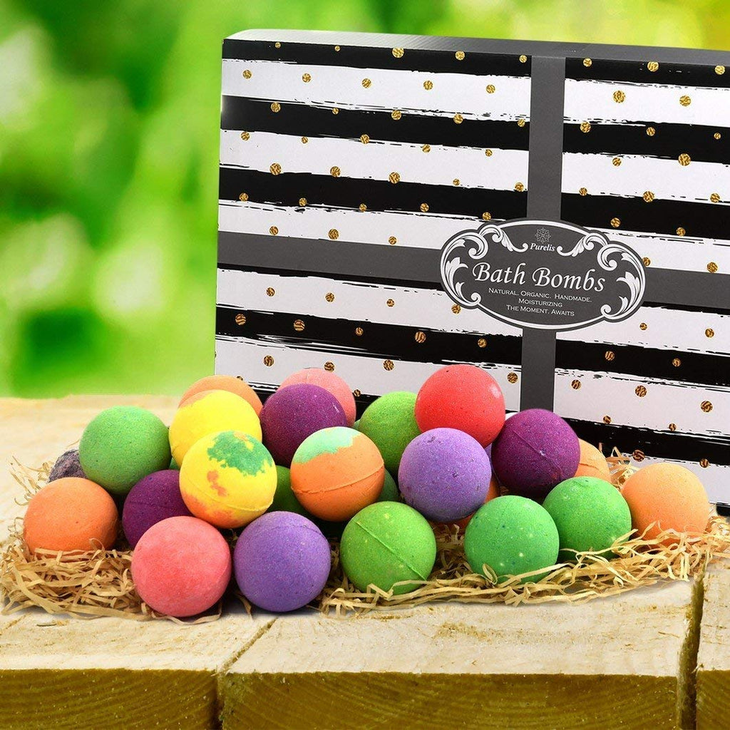 Purelis Bath Bombs Gift Set – 24 Luxury Organic Bath Bombs, Individually Wrapped | Gifts for Him and Her
