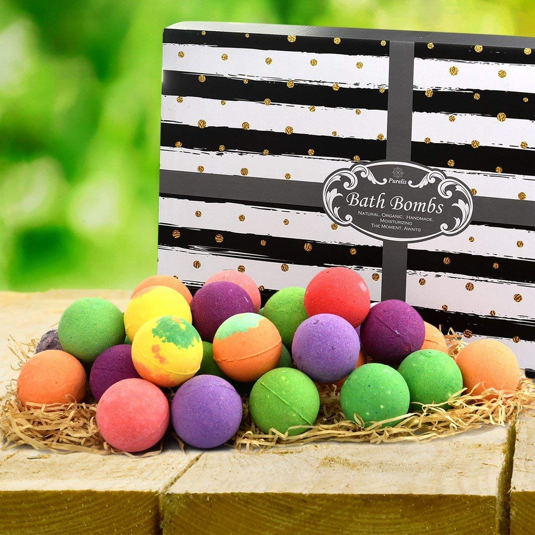 Purelis Bath Bombs Gift Set – 24 Luxury Organic Bath Bombs, Individually Wrapped | Gifts for Him and Her