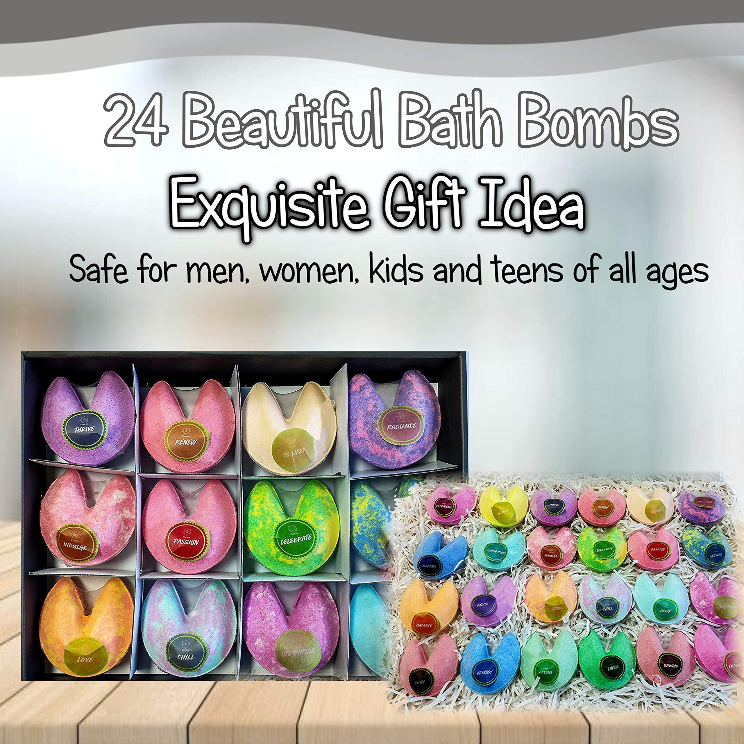 Purelis Naturals Bath Bombs Gift Set – 24 Fortune Cookie Bath Bombs & Shower Steamers for Women, Bulk Party Favors