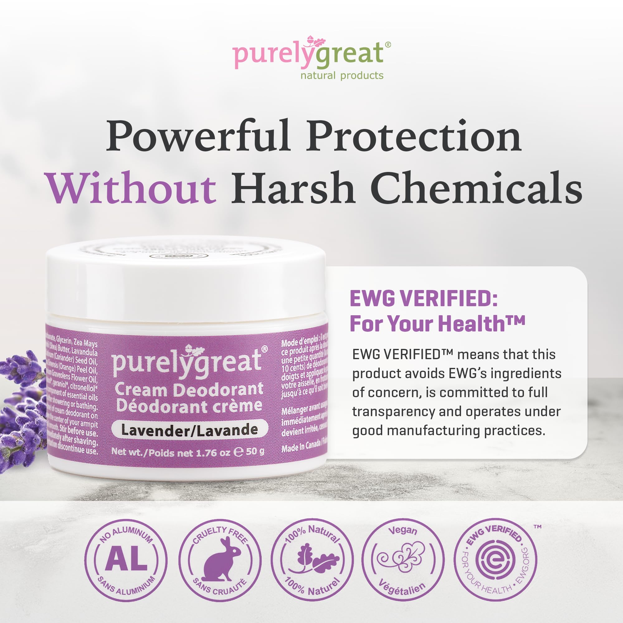 Purelygreat Lavender Scented Cream Deodorant – Natural, Chemical-Free Hygiene for Women & Men (1.76 oz / 50 g)