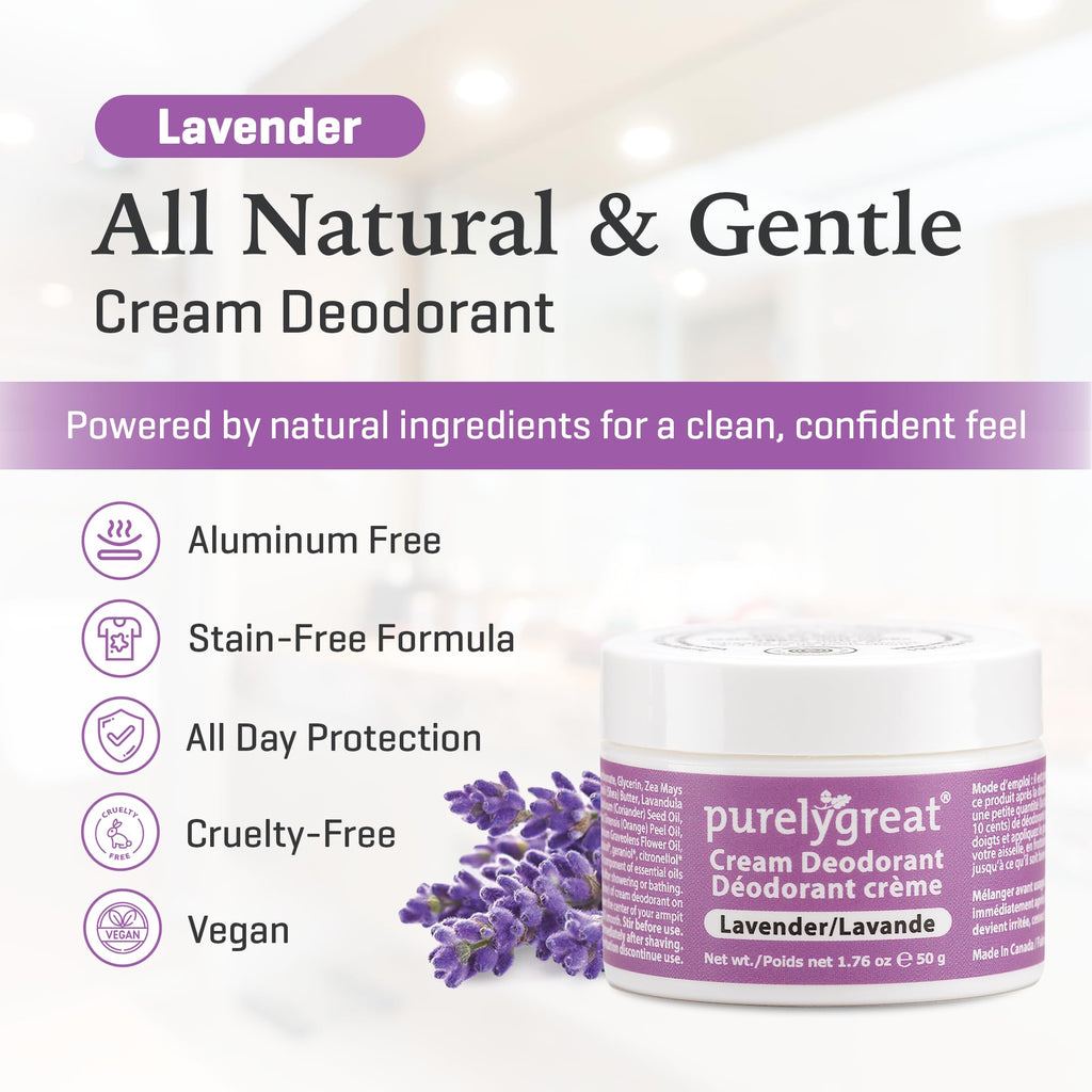 Purelygreat Lavender Scented Cream Deodorant – Natural, Chemical-Free Hygiene for Women & Men (1.76 oz / 50 g)
