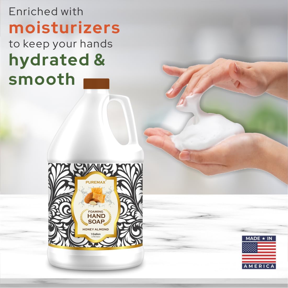 Puremax Honey Almond Foaming Hand Soap Refills — 128 Fl Oz (1 Gallon) Made in USA | Gentle, Moisturizing Foam