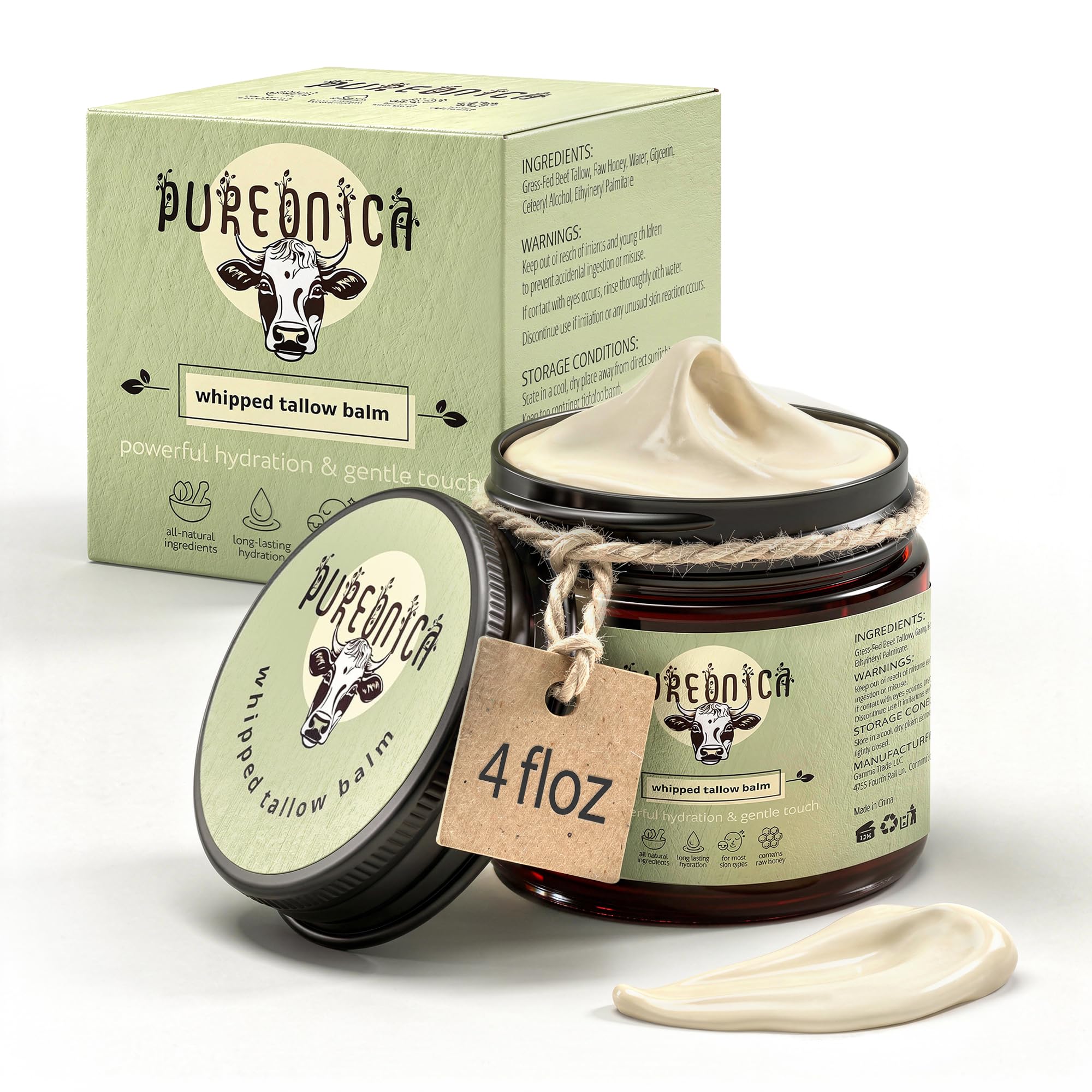 Pureonica Face & Body Cream – Deep Moisturizing with Grass-Fed Tallow & Raw Honey (4 fl oz)