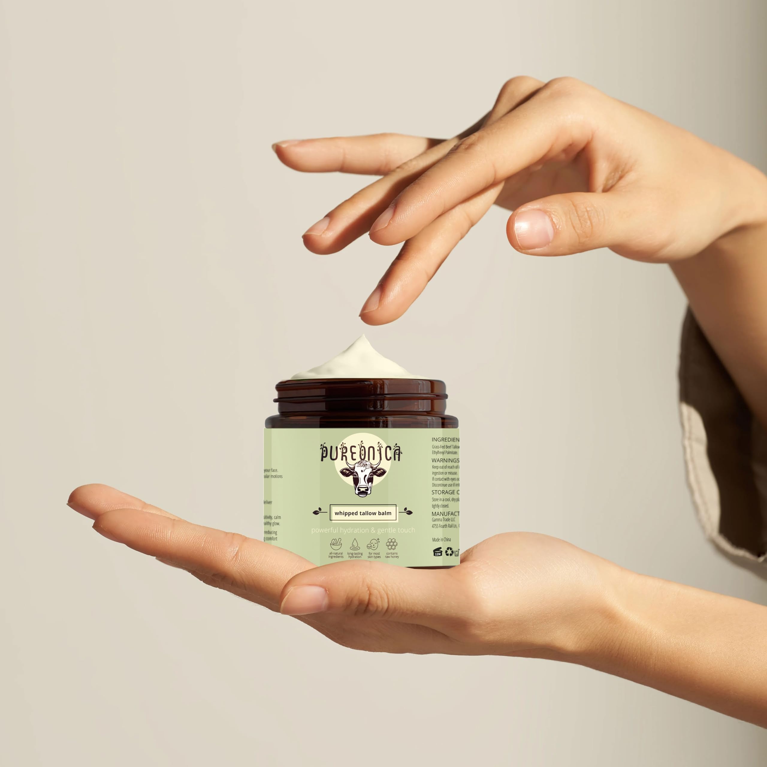 Pureonica Face & Body Cream – Deep Moisturizing with Grass-Fed Tallow & Raw Honey (4 fl oz)