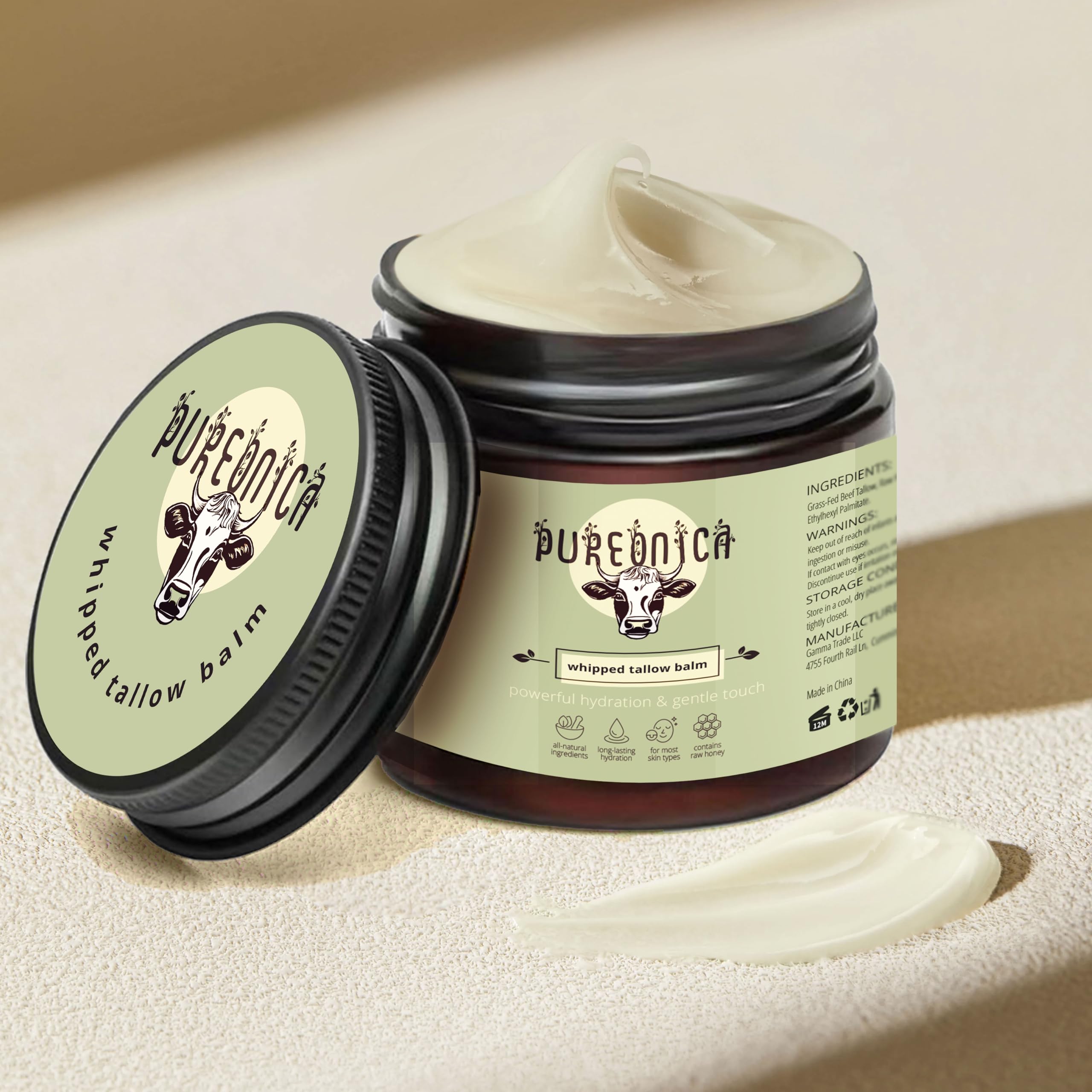 Pureonica Face & Body Cream – Deep Moisturizing with Grass-Fed Tallow & Raw Honey (4 fl oz)