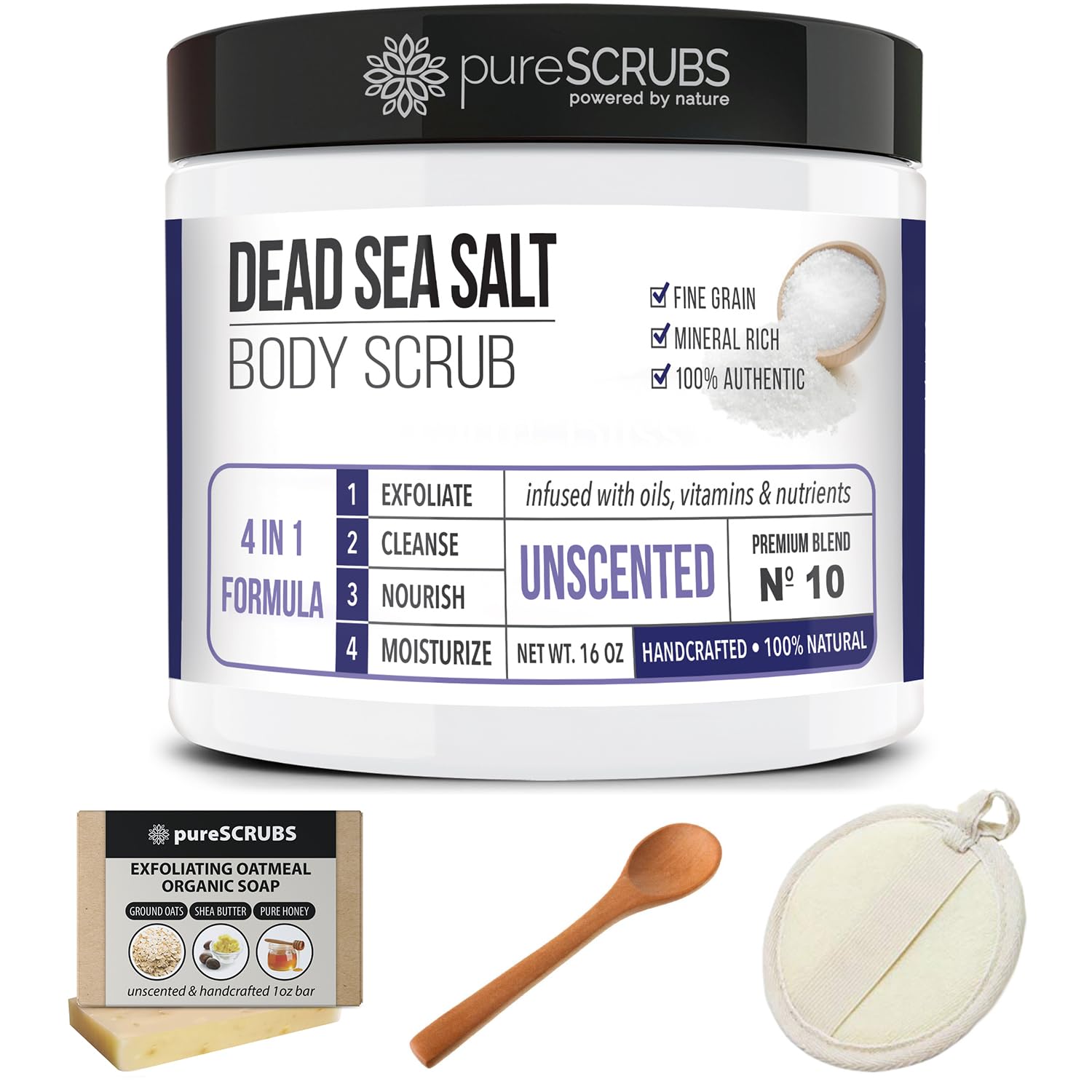 PureSCRUBS Premium Unscented Body Scrub Set – 16oz Dead Sea Salt with Accessories