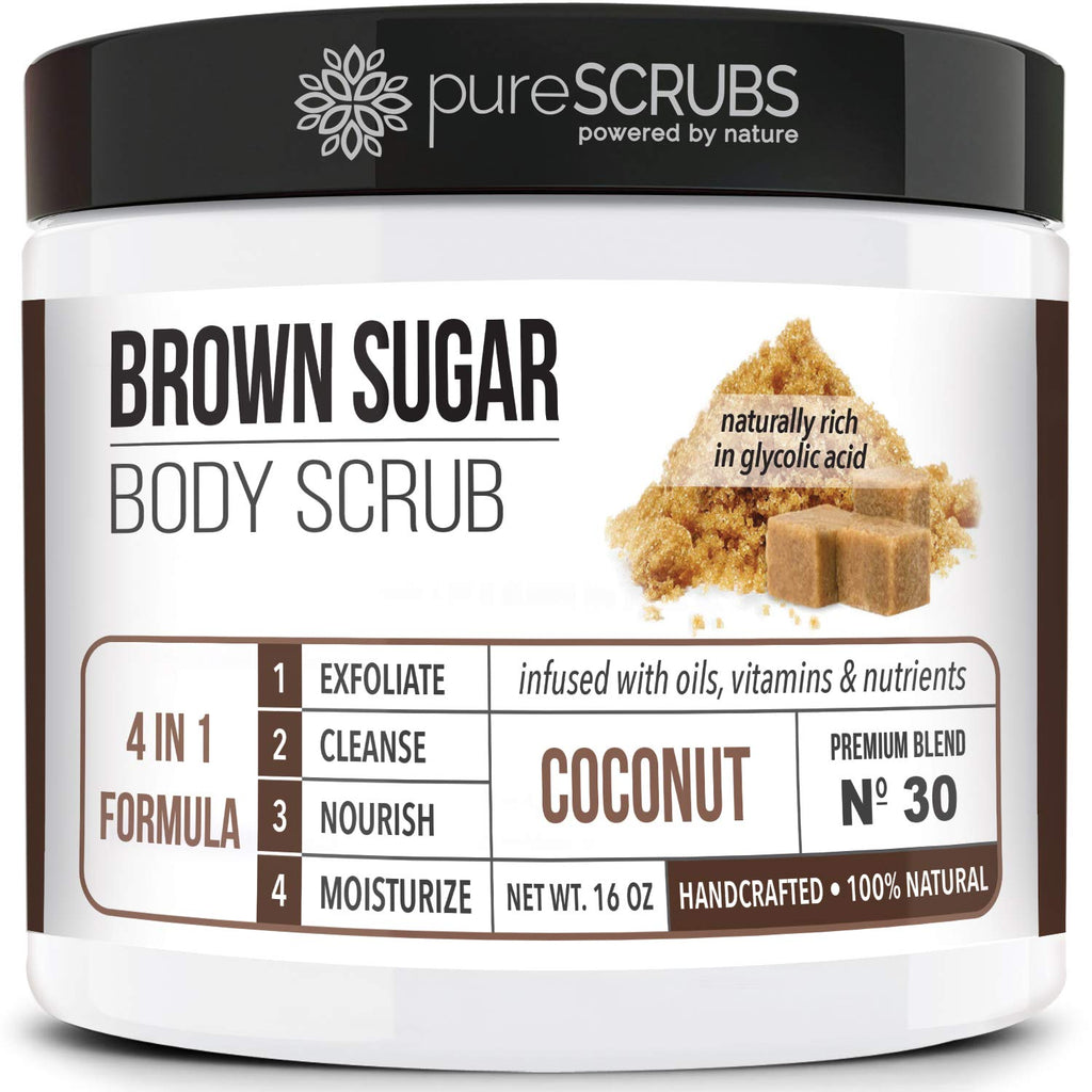 pureSCRUBS Premium Coconut Brown Sugar Scrub – 16oz Jar + Accessories