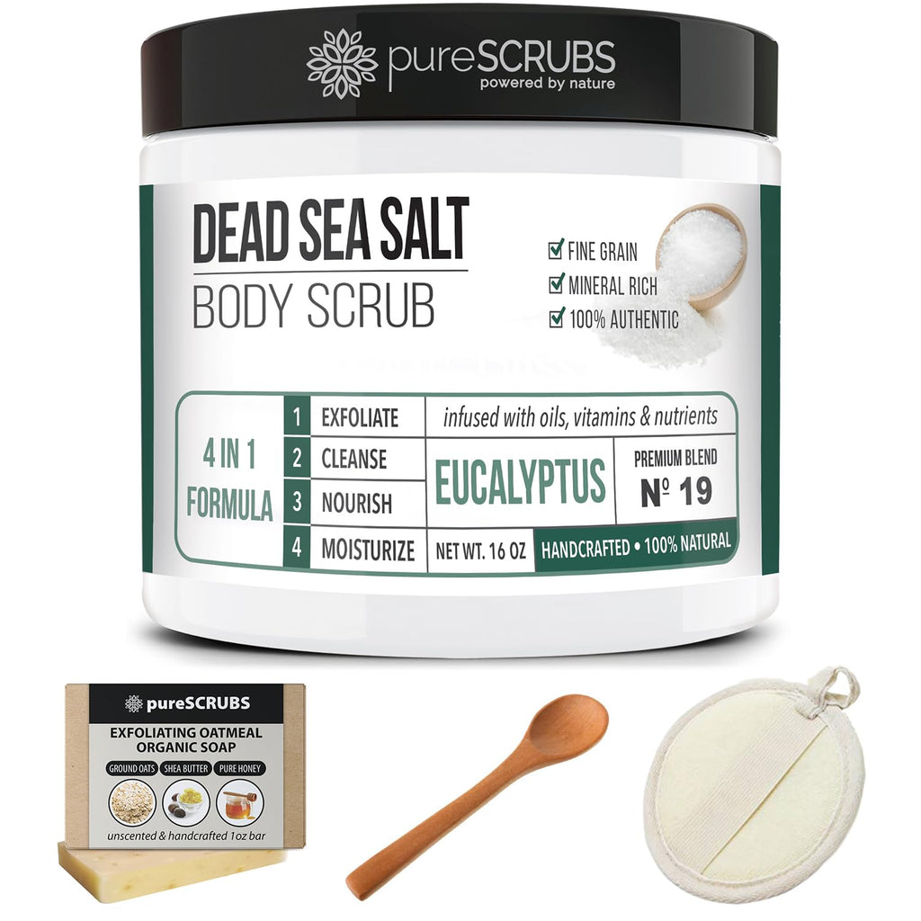 pureSCRUBS Eucalyptus Body Scrub Set – 16oz with Bonus Accessories