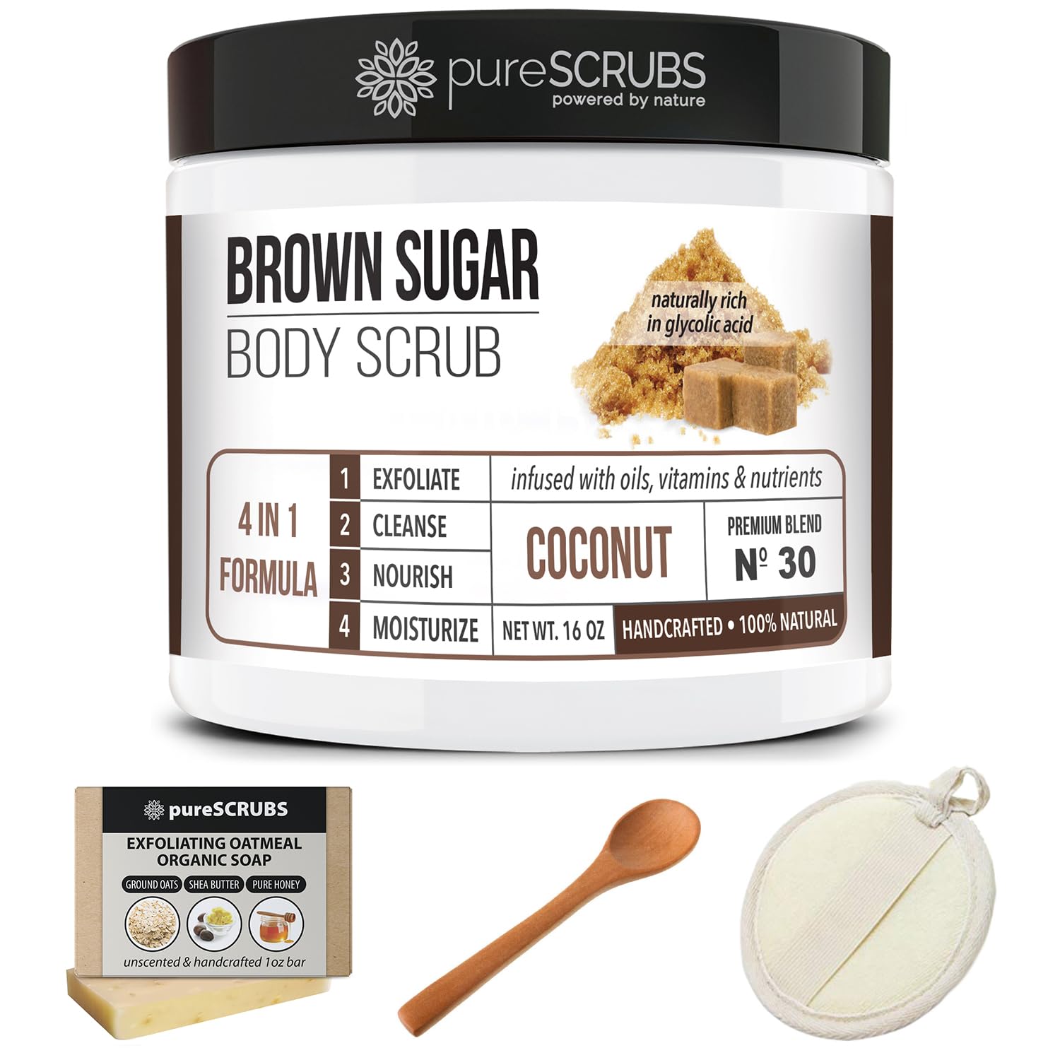 pureSCRUBS Premium Coconut Brown Sugar Scrub – 16oz Jar + Accessories