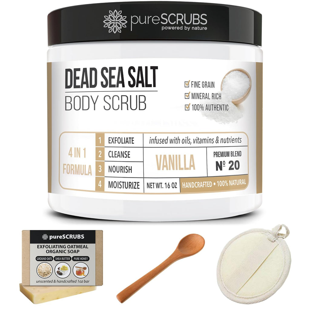 PureSCRUBS Premium Vanilla Body Scrub Set – 16oz Dead Sea Salt Exfoliant with Essential Oils