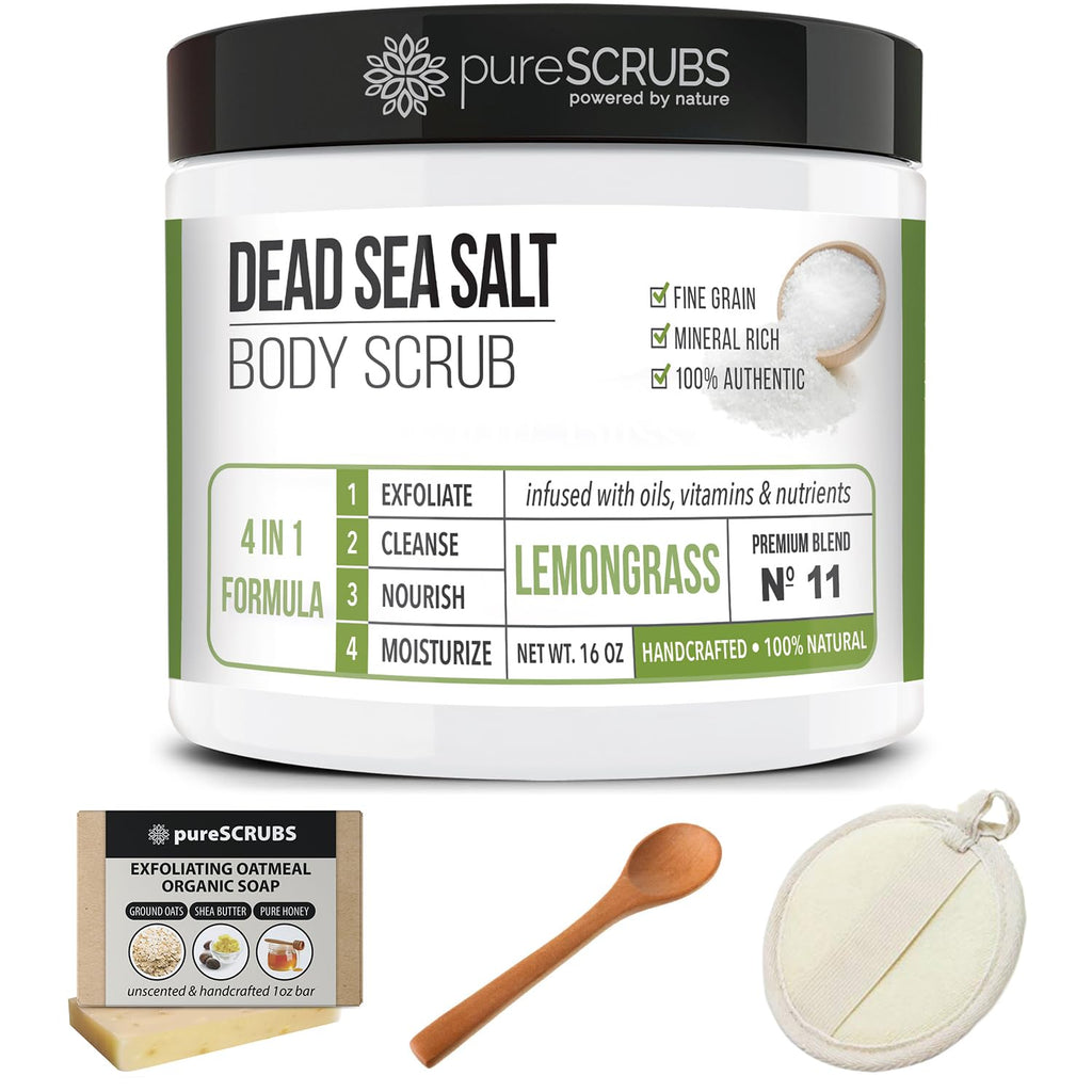 pureSCRUBS Premium Lemongrass Dead Sea Salt Body Exfoliator Scrub – 16oz Jar with Spoon, Loofah & Exfoliating Soap