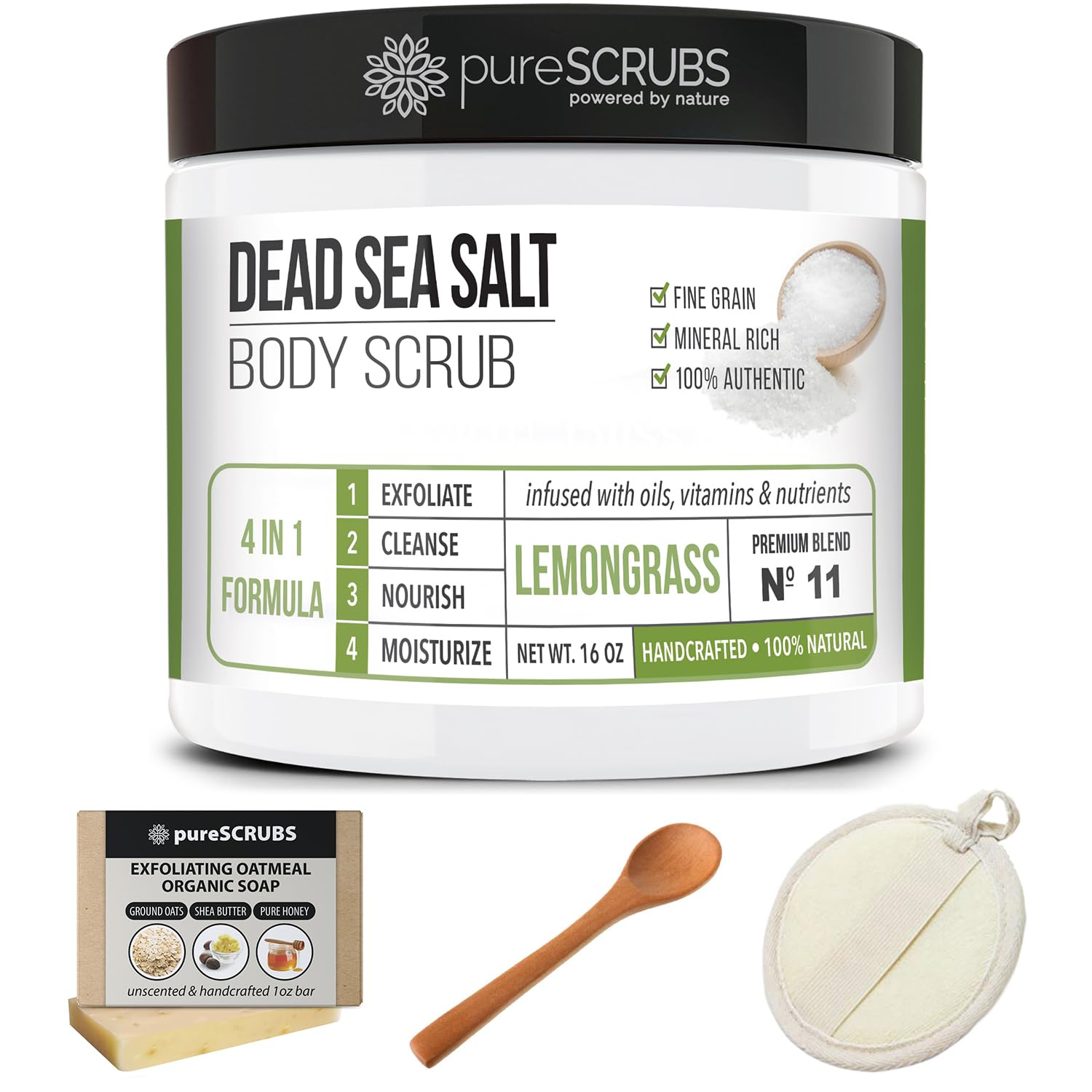 pureSCRUBS Premium Lemongrass Dead Sea Salt Body Exfoliator Scrub – 16oz Jar with Spoon, Loofah & Exfoliating Soap