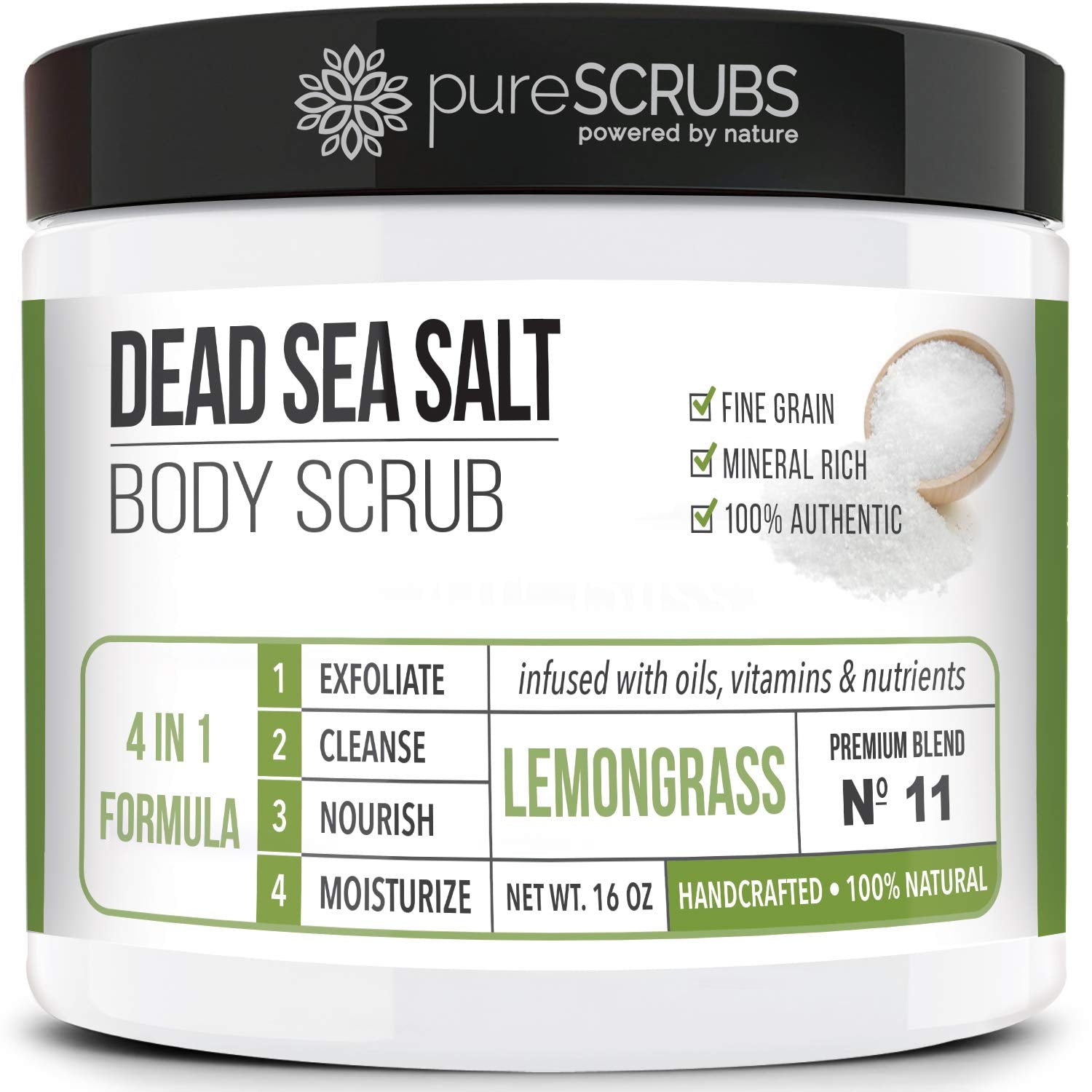 pureSCRUBS Premium Lemongrass Dead Sea Salt Body Exfoliator Scrub – 16oz Jar with Spoon, Loofah & Exfoliating Soap