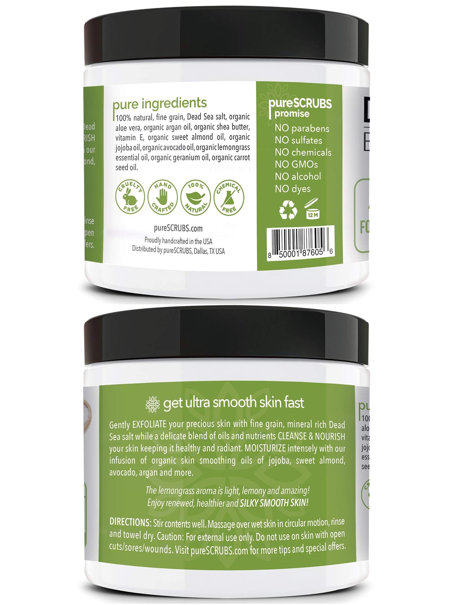 pureSCRUBS Premium Lemongrass Dead Sea Salt Body Exfoliator Scrub – 16oz Jar with Spoon, Loofah & Exfoliating Soap