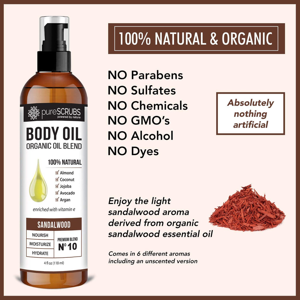 PureSCRUBS Ultra Moisturizing Sandalwood Body Oil Spray – Organic Oil Blend, 4oz