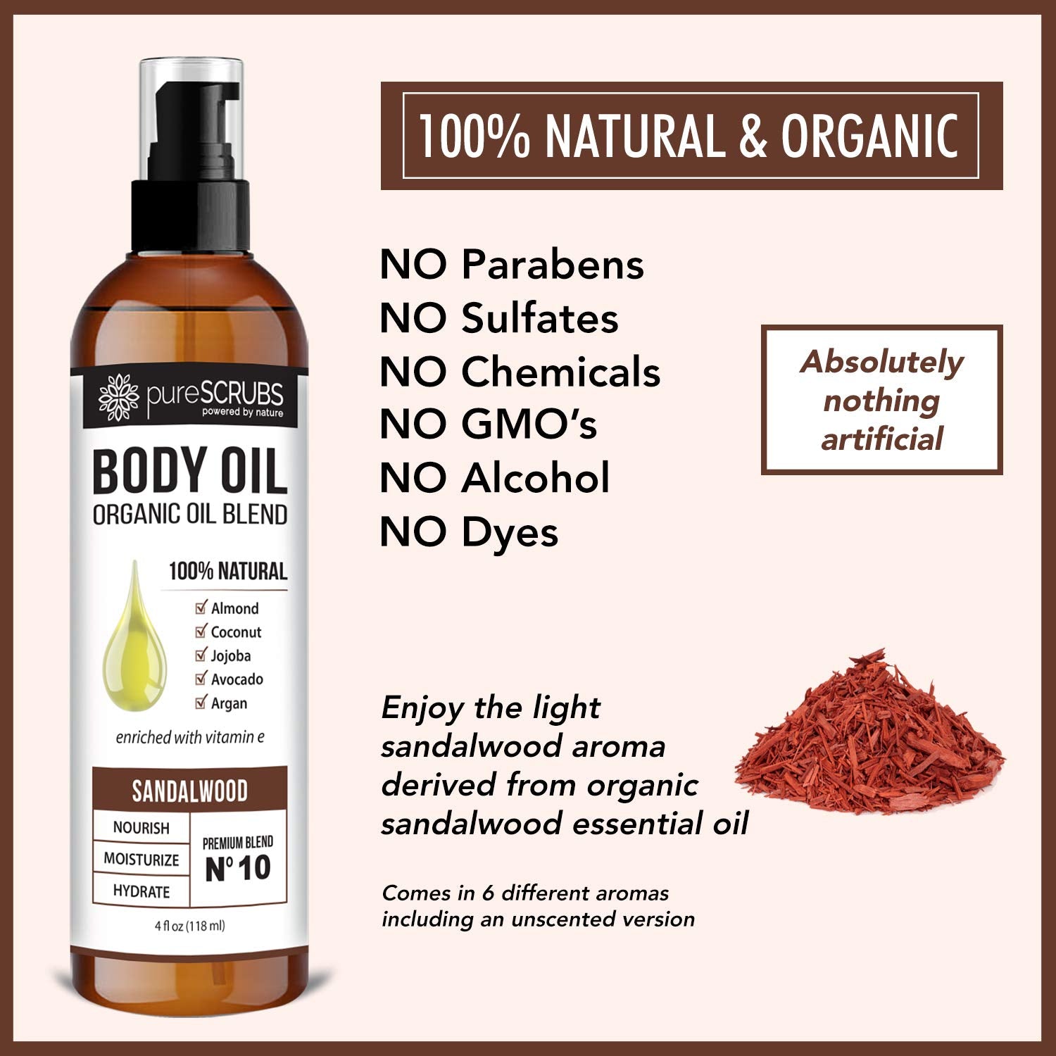 PureSCRUBS Ultra Moisturizing Sandalwood Body Oil Spray – Organic Oil Blend, 4oz