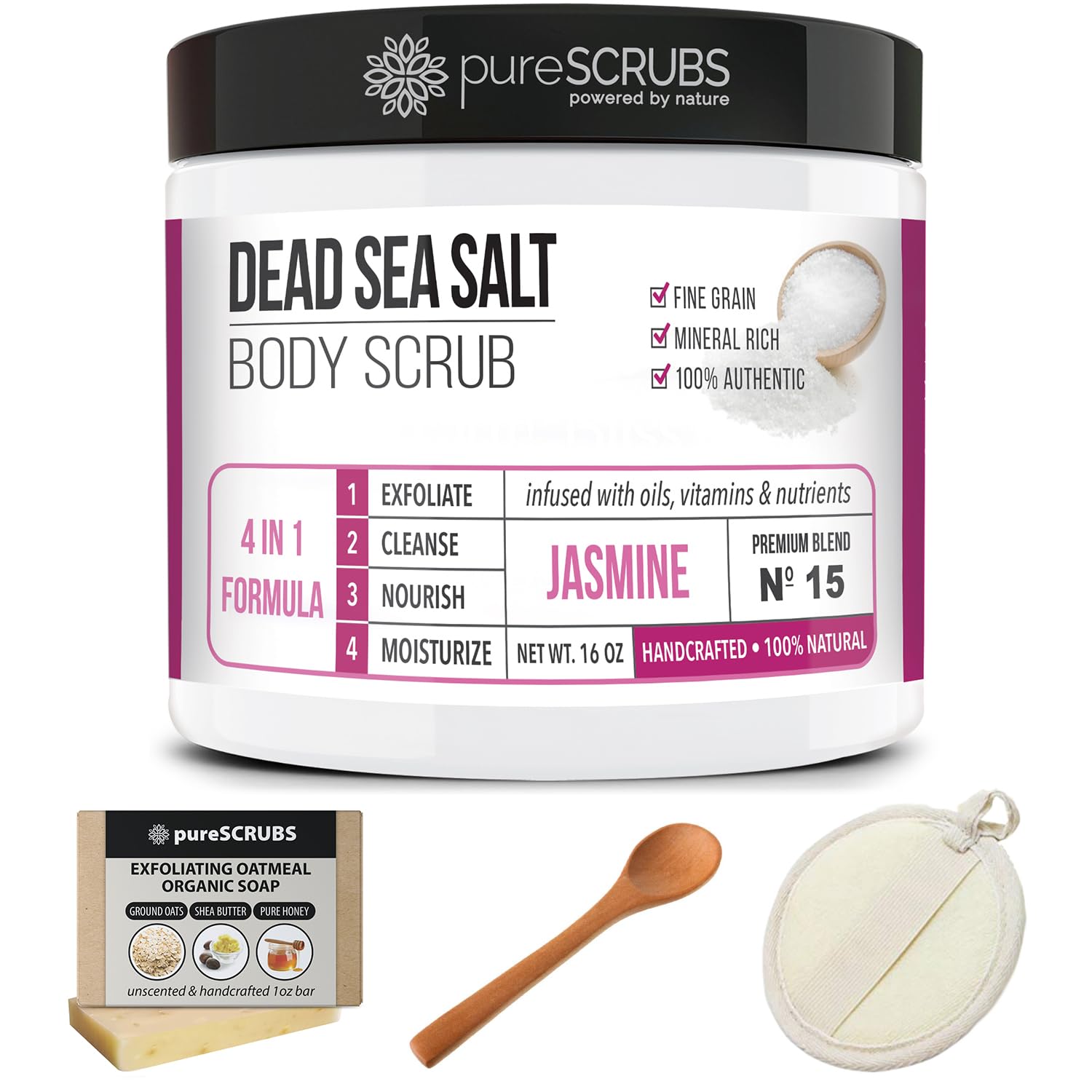pureSCRUBS Premium Jasmine Body Scrub Set - 16oz Dead Sea Salt Exfoliant with Three Bonus Accessories