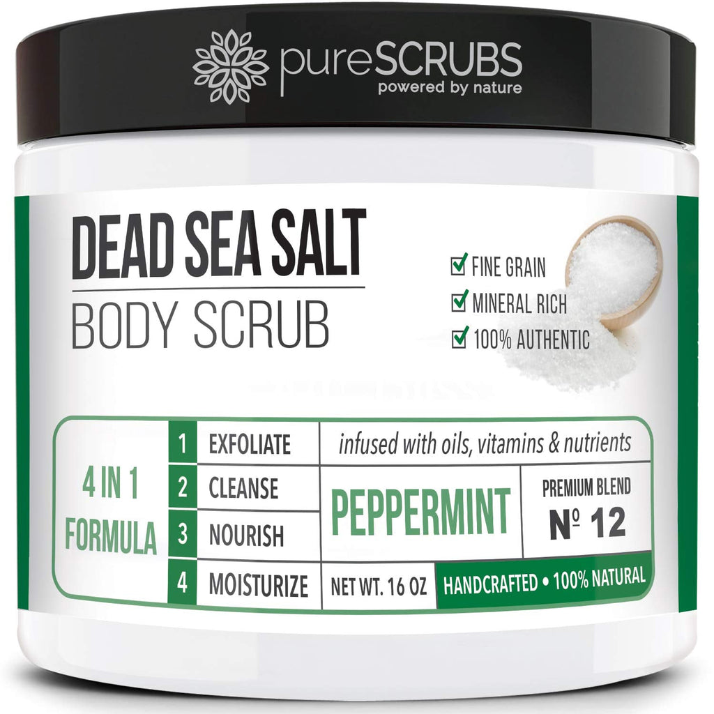 pureSCRUBS Premium Sea Salt Body Scrub Set - 16oz Peppermint with Wooden Spoon, Loofah & Oatmeal Soap