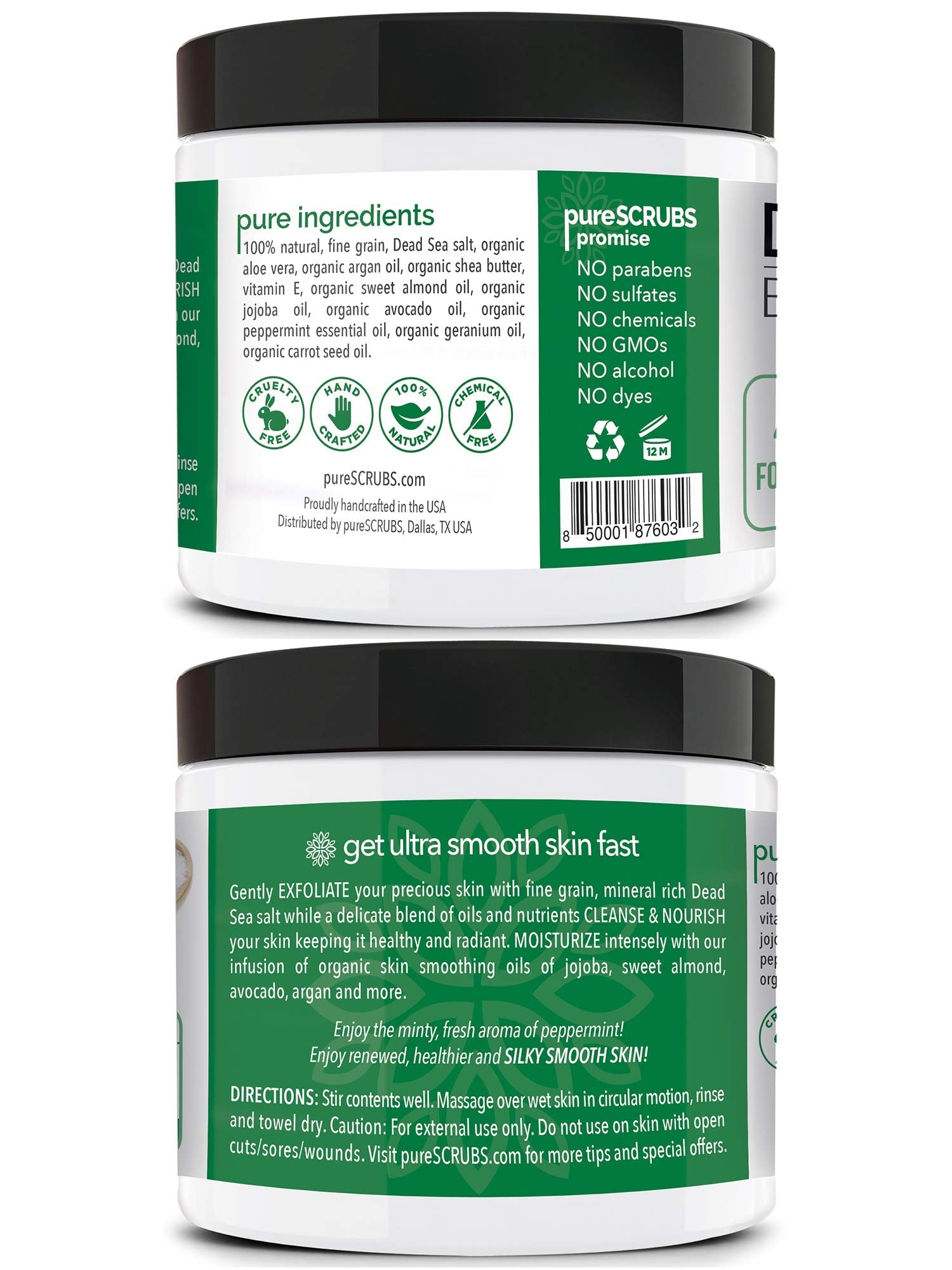 pureSCRUBS Premium Sea Salt Body Scrub Set - 16oz Peppermint with Wooden Spoon, Loofah & Oatmeal Soap