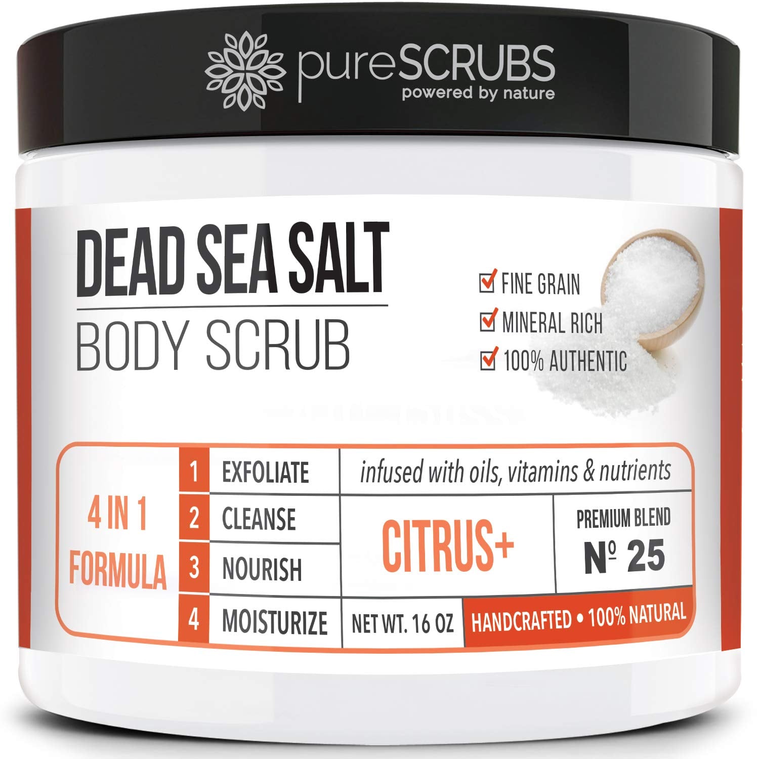 pureSCRUBS Premium Citrus Body Scrub Set – 16oz Dead Sea Salt, Essential Oils, Wooden Spoon & Loofah