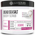 pureSCRUBS Premium Jasmine Body Scrub Set - 16oz Dead Sea Salt Exfoliant with Three Bonus Accessories