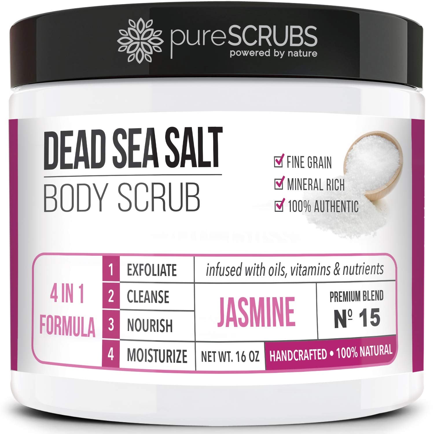 pureSCRUBS Premium Jasmine Body Scrub Set - 16oz Dead Sea Salt Exfoliant with Three Bonus Accessories