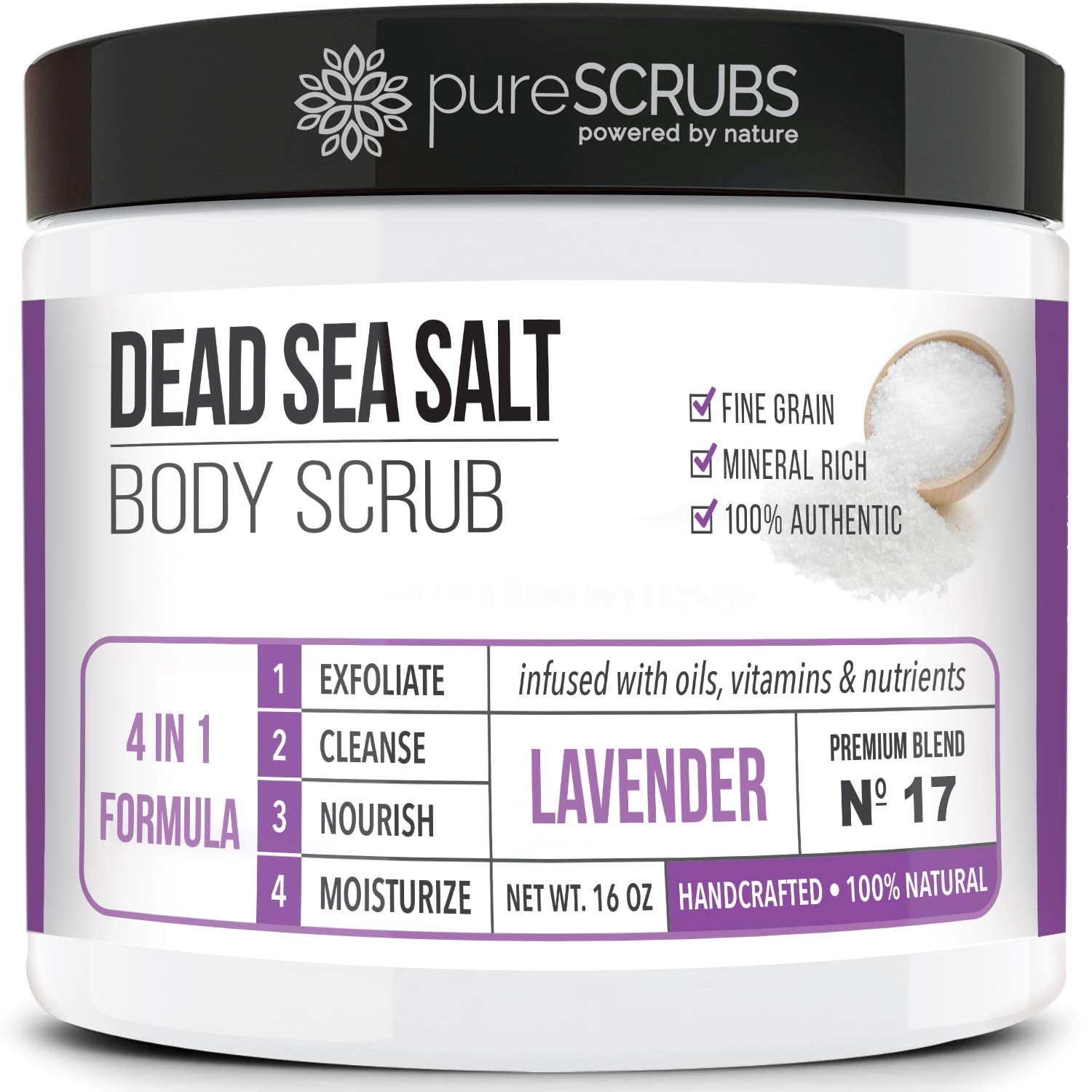 PureSCRUBS Premium Lavender Body Scrub Set – 16oz Dead Sea Salt Exfoliant with Essential Oils + Bonus Accessories